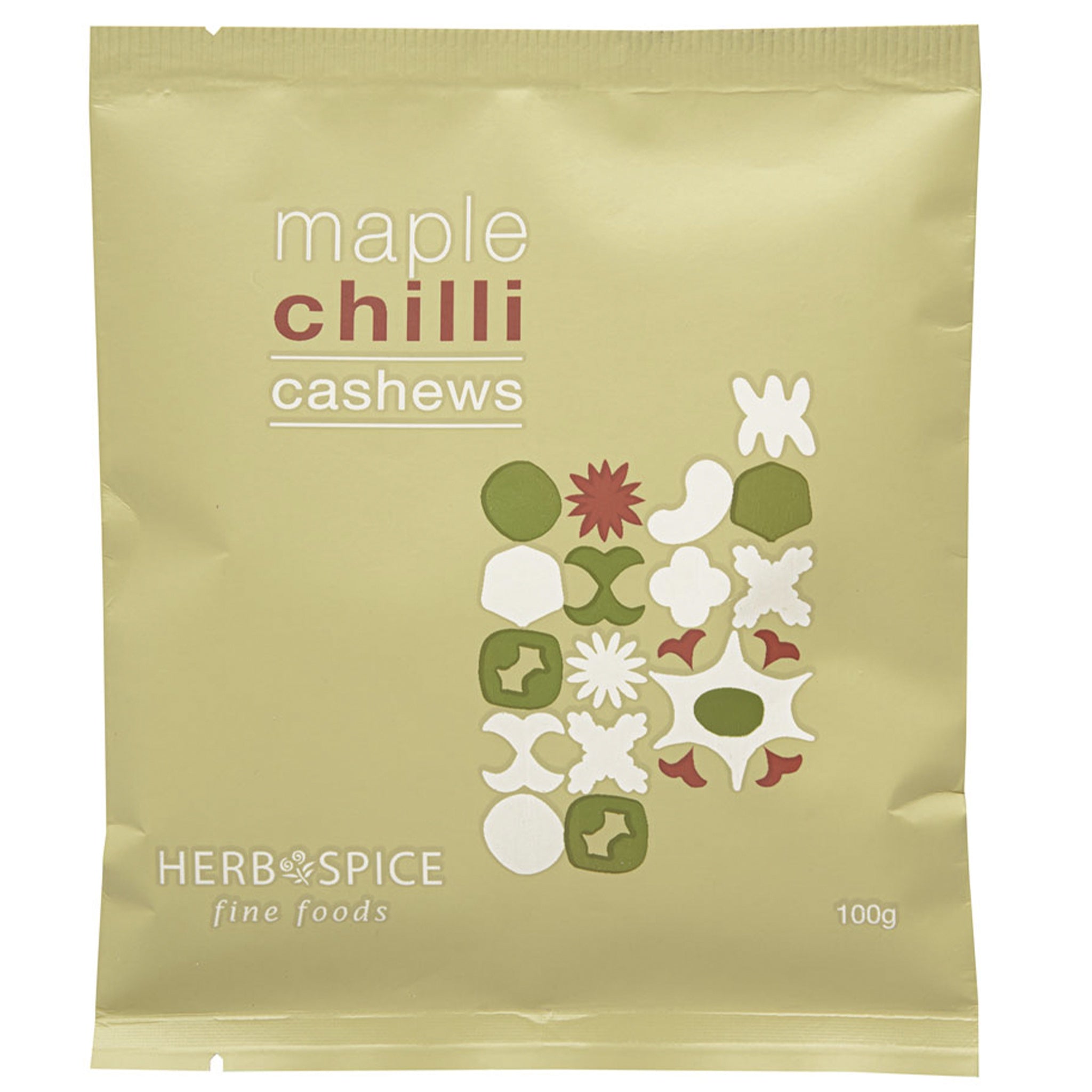 Packaging of maple chilli cashews by Herb & Spice on a beige background
