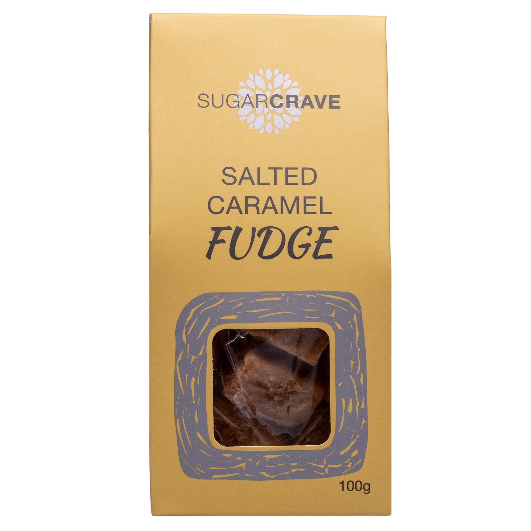 Box of Sugar Crave salted caramel fudge on a white background
