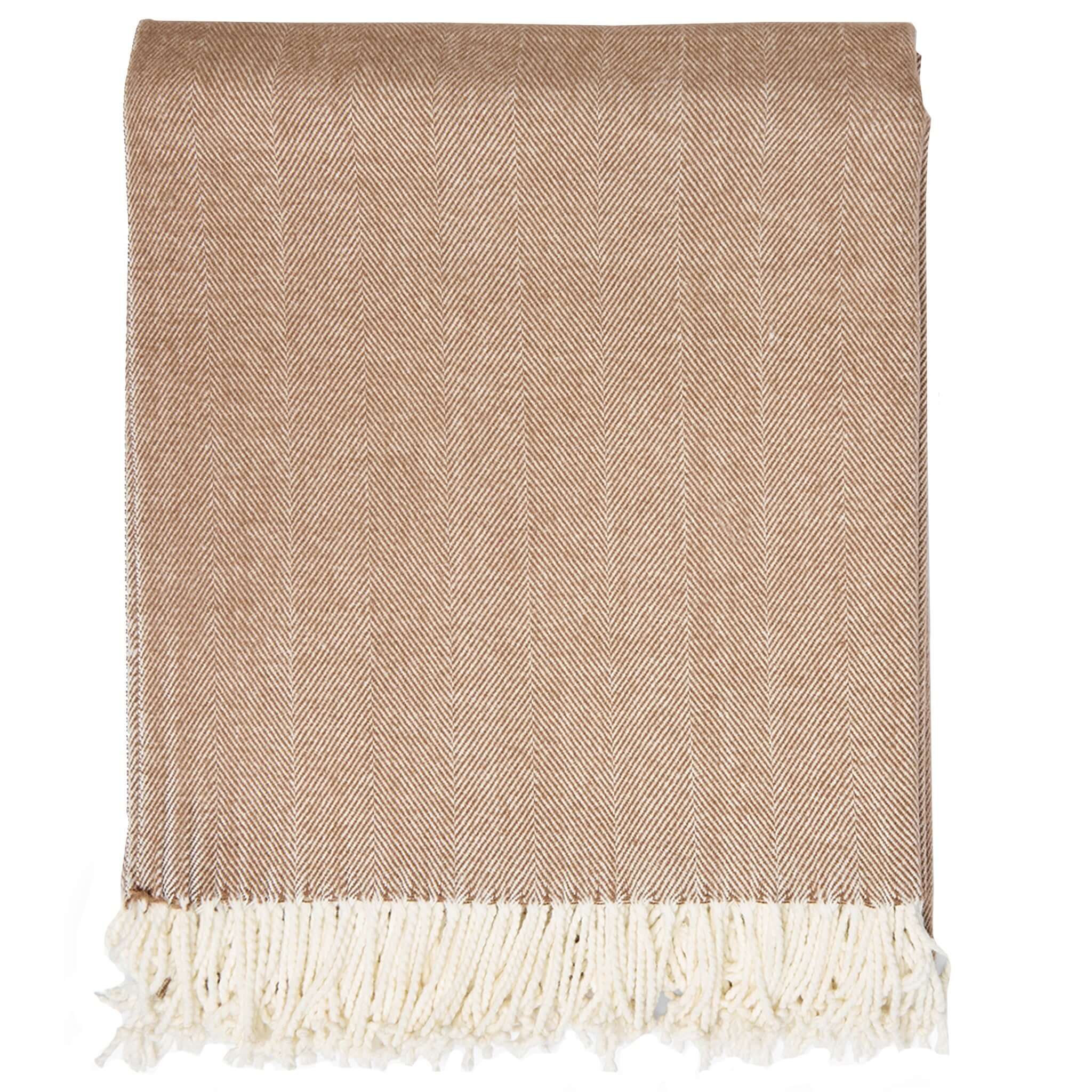 Alt Tag: Esperance & Co Herringbone Throw - Toffee soft lightweight cotton throw blanket with fringe, perfect for couch, bed or picnic