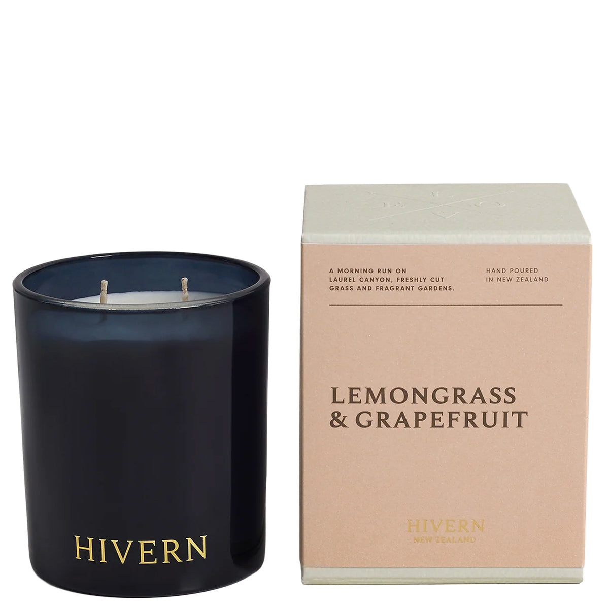 Hivern Candle - Lemongrass & Grapefruit, 300g two-wick soy candle in a dark glass vessel with gift box