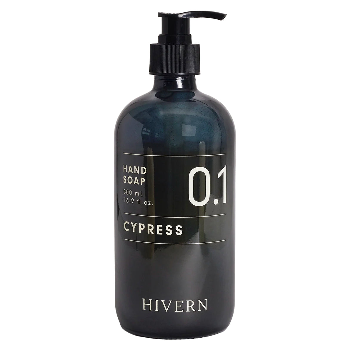 Hivern Cypress Hand Soap 500ml in a dark green glass pump bottle