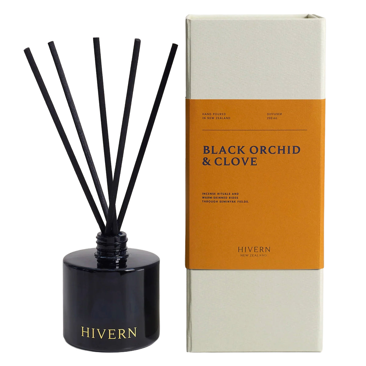 Hivern Diffuser - Black Orchid & Clove, 200ml reed diffuser in a dark glass vessel with black reeds