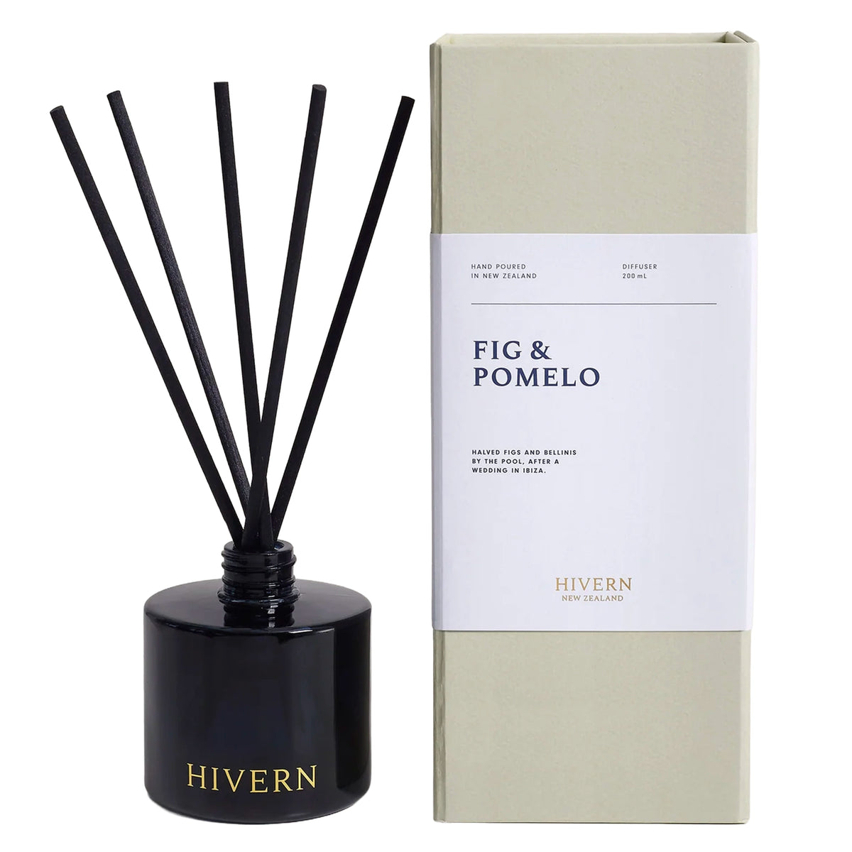 Hivern Diffuser - Fig & Pomelo, 200ml reed diffuser in a dark glass vessel with black reeds