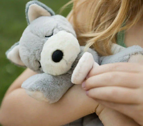 Child holding a plush wolf toy outdoors