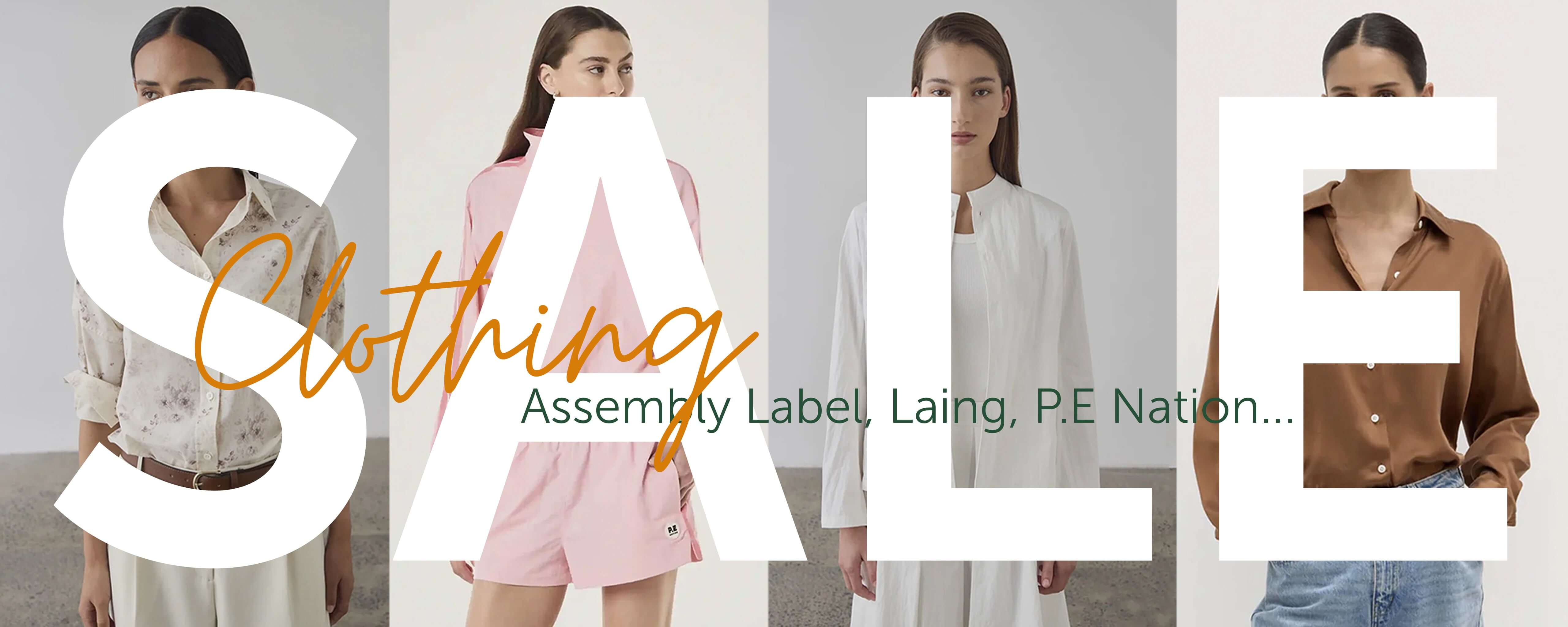 Four people wearing different outfits with 'SALE' text overlay on a plain background