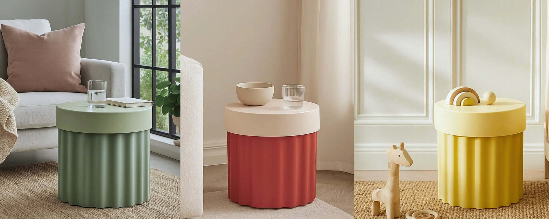Three colorful side tables in a living room setting.