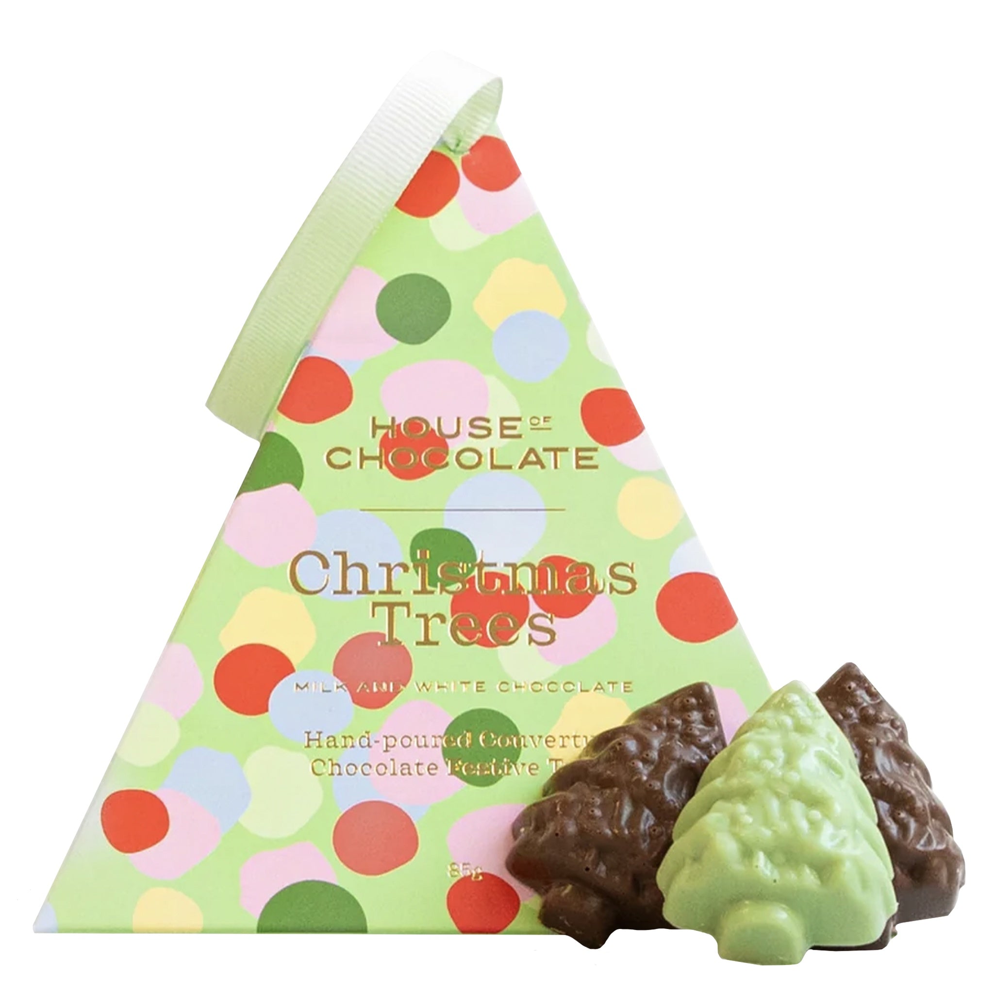 Triangular box of chocolate Christmas trees with colorful polka dot design on a white background