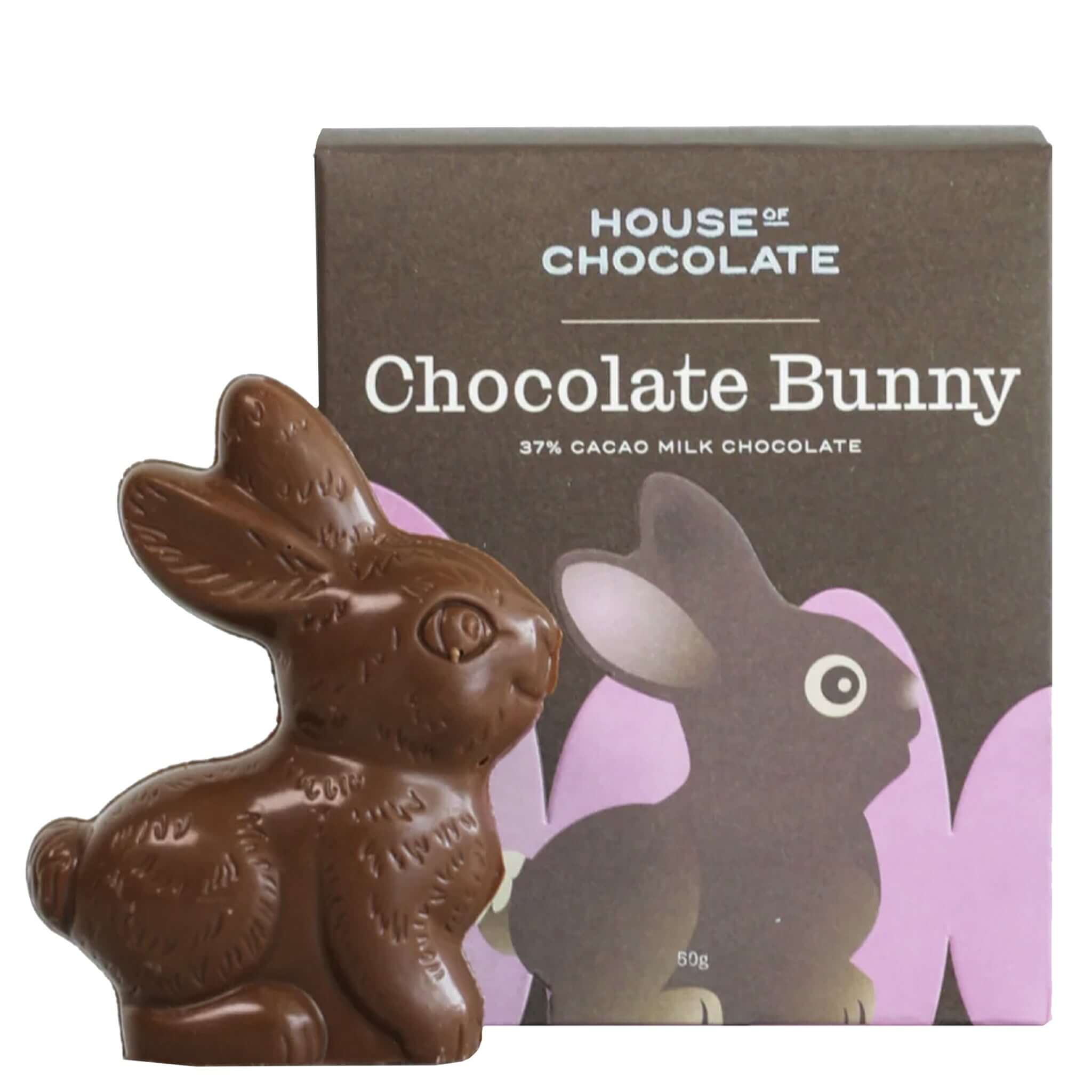 Alt Tag: House of Chocolate Milk Chocolate Bunny 37% cacao couverture Easter chocolate bunny gift in box