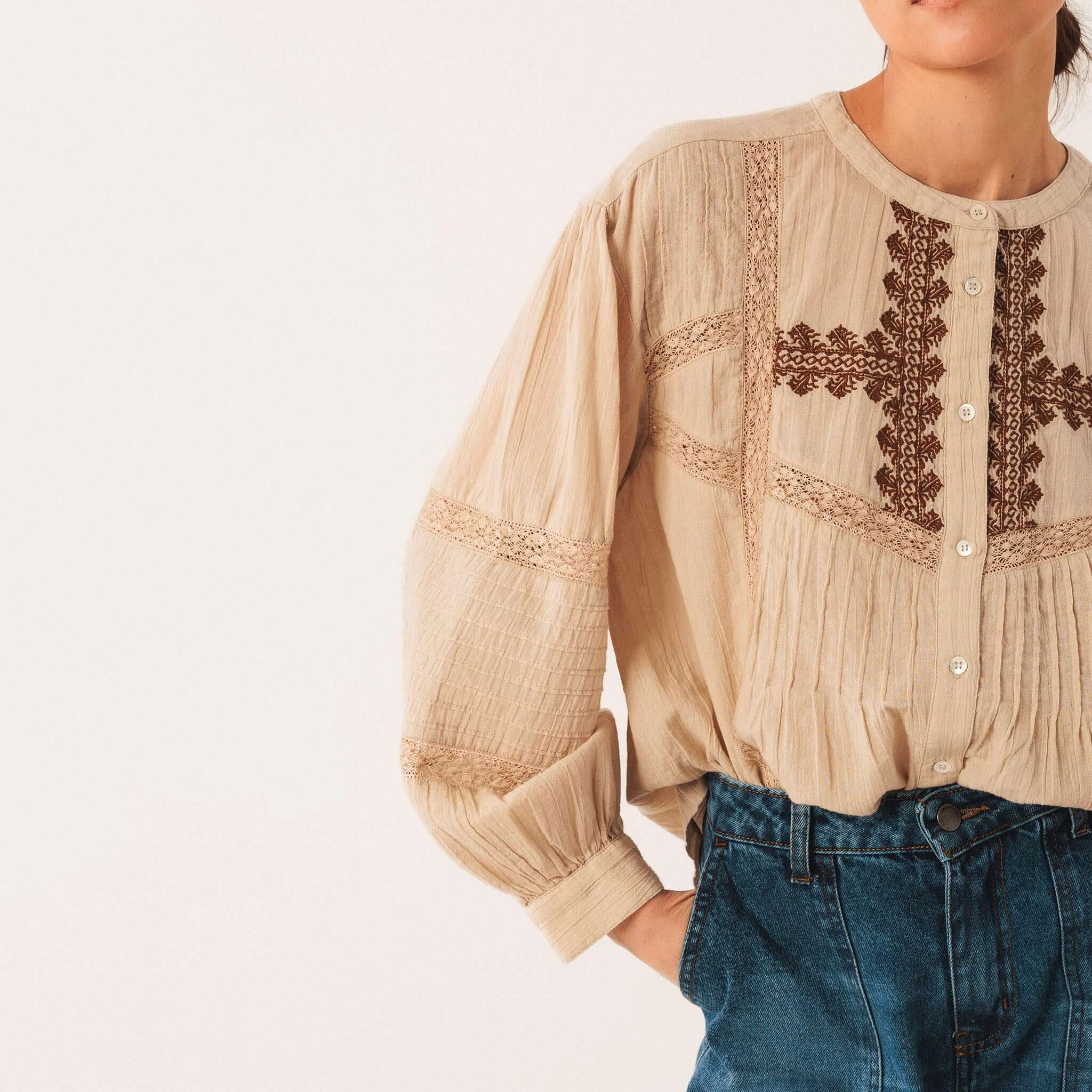 Alt Tag: Indi & Cold Organic Cotton Ethnic Embroidered Blouse - Stone with ethnic embroidery, balloon sleeves, lightweight gauze cotton