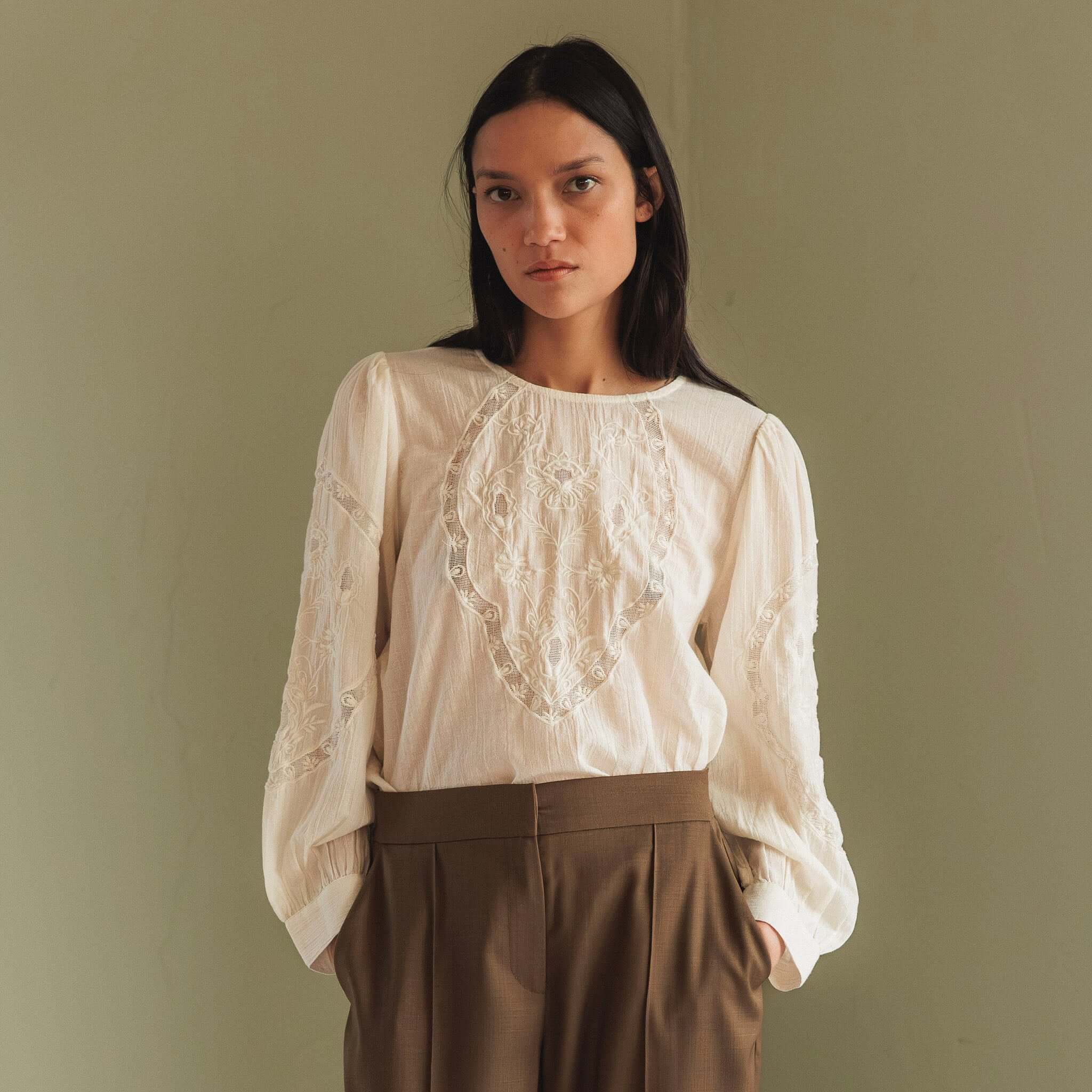 Alt Tag: Indi & Cold Organic Cotton Romantic Embroidered Blouse - White on model, white embroidered organic cotton blouse with romantic detailing