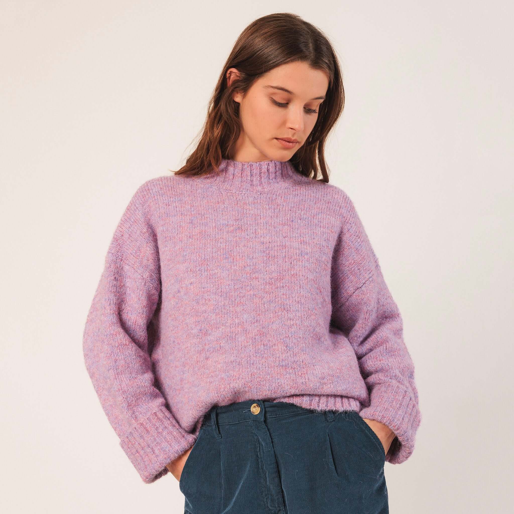 Indi & Cold Perkins Collar Jersey - Mauve on model, relaxed dropped-shoulder knit jumper for easy winter layering