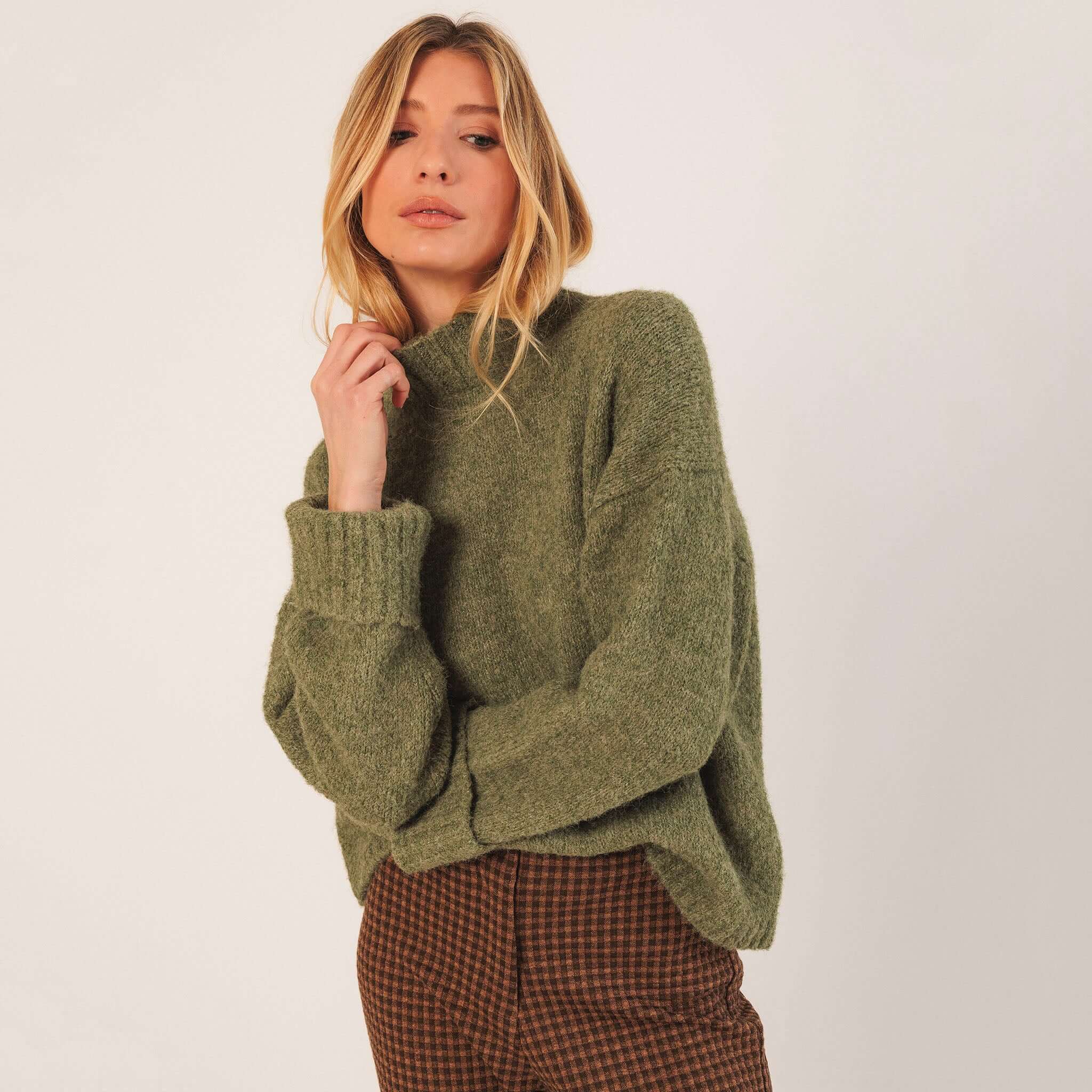 Alt Tag: Indi & Cold Perkins Collar Jersey - Mint relaxed dropped-shoulder knit sweater in mint, effortless layering essential with denim