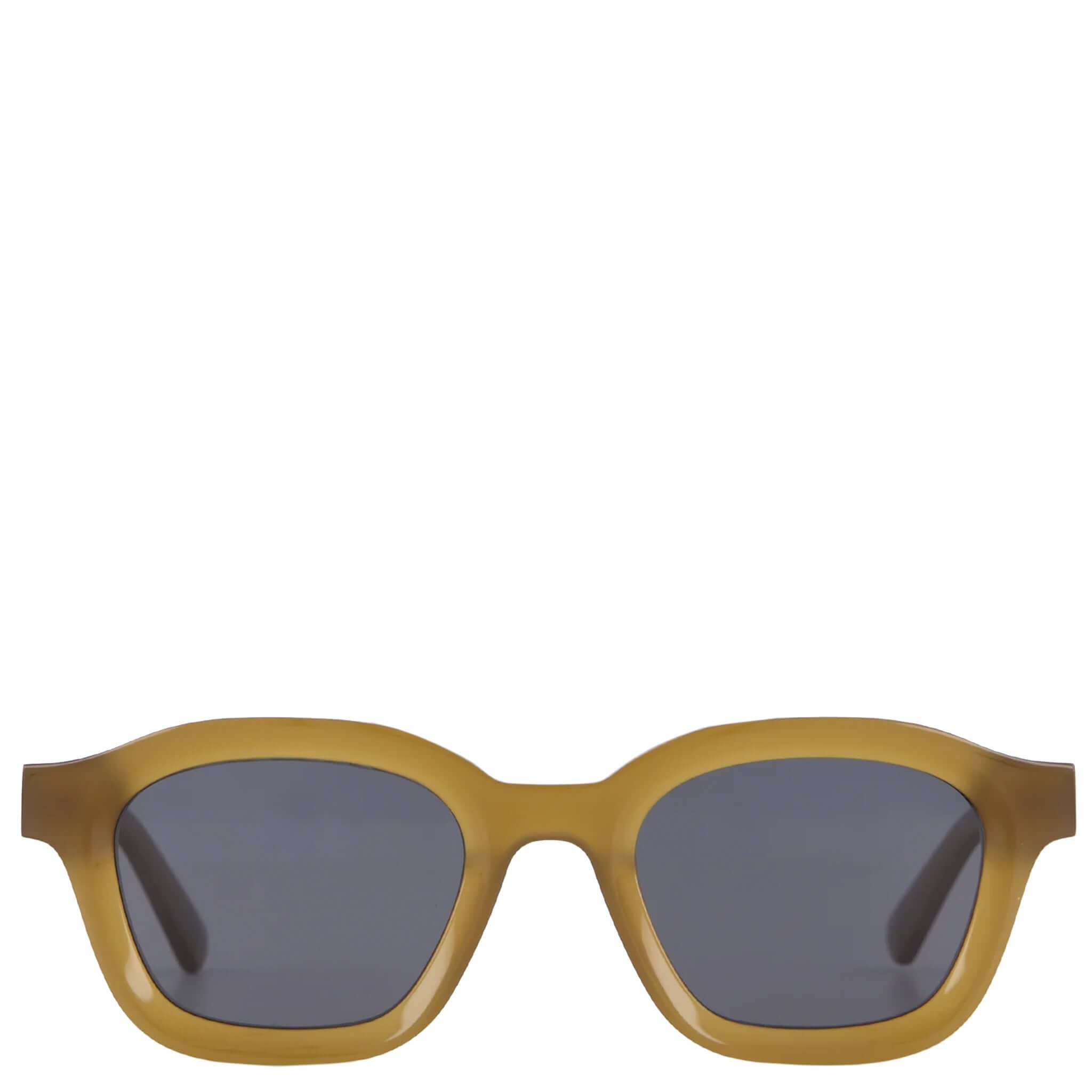 Alt Tag: Isle of Eden Sunglasses - Harley Dijon unisex bold bio-acetate frame with flat deep dish lenses and gold temple trims
