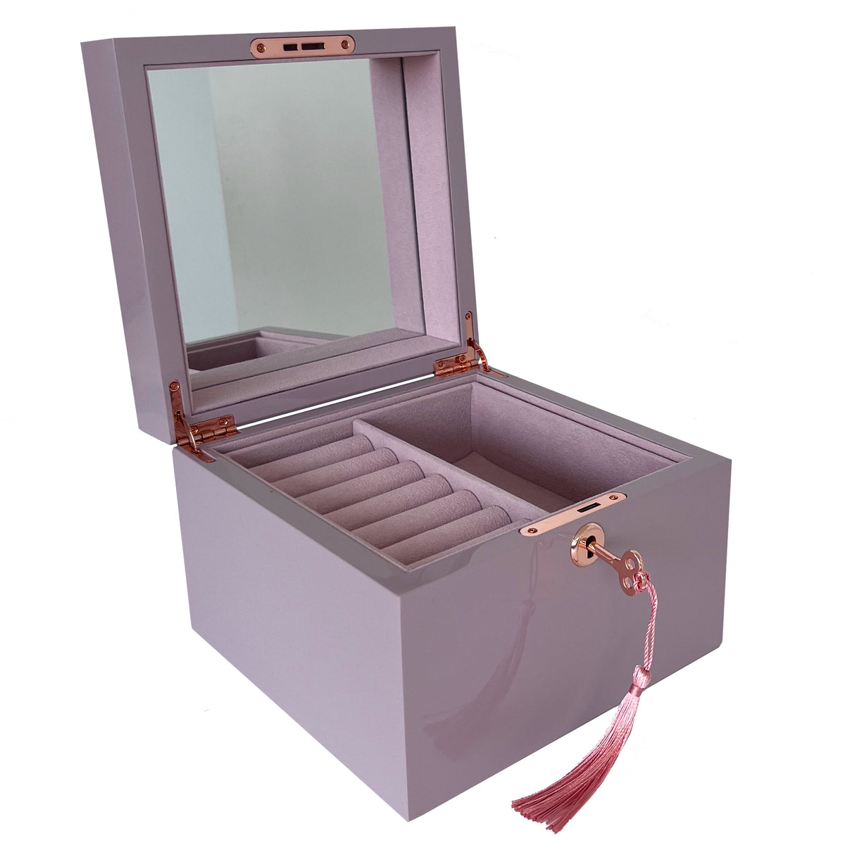 Jewellery Box Lockable Square - Lilac, open lilac lacquered box with suede ring rolls, lid mirror and blush key tassel