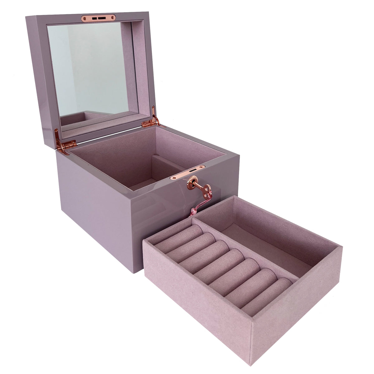 Jewellery Box Lockable Square - Lilac with lilac suede tray removed to show the lower compartment