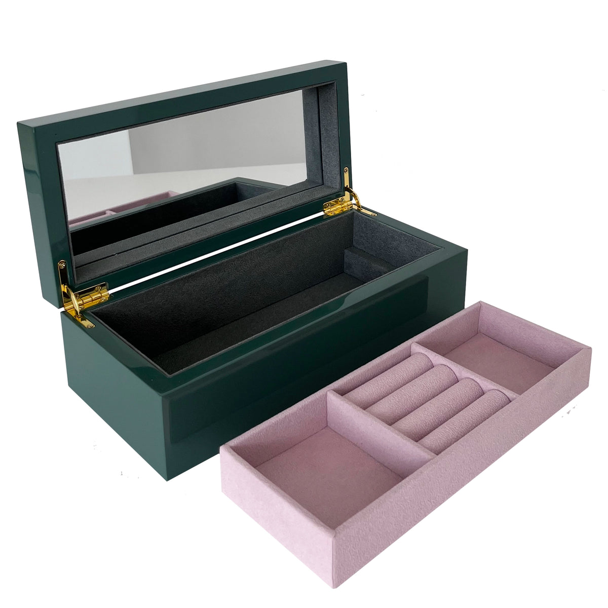 Jewellery Box Small - Olive with lilac suede tray removed to show the deep lower compartment