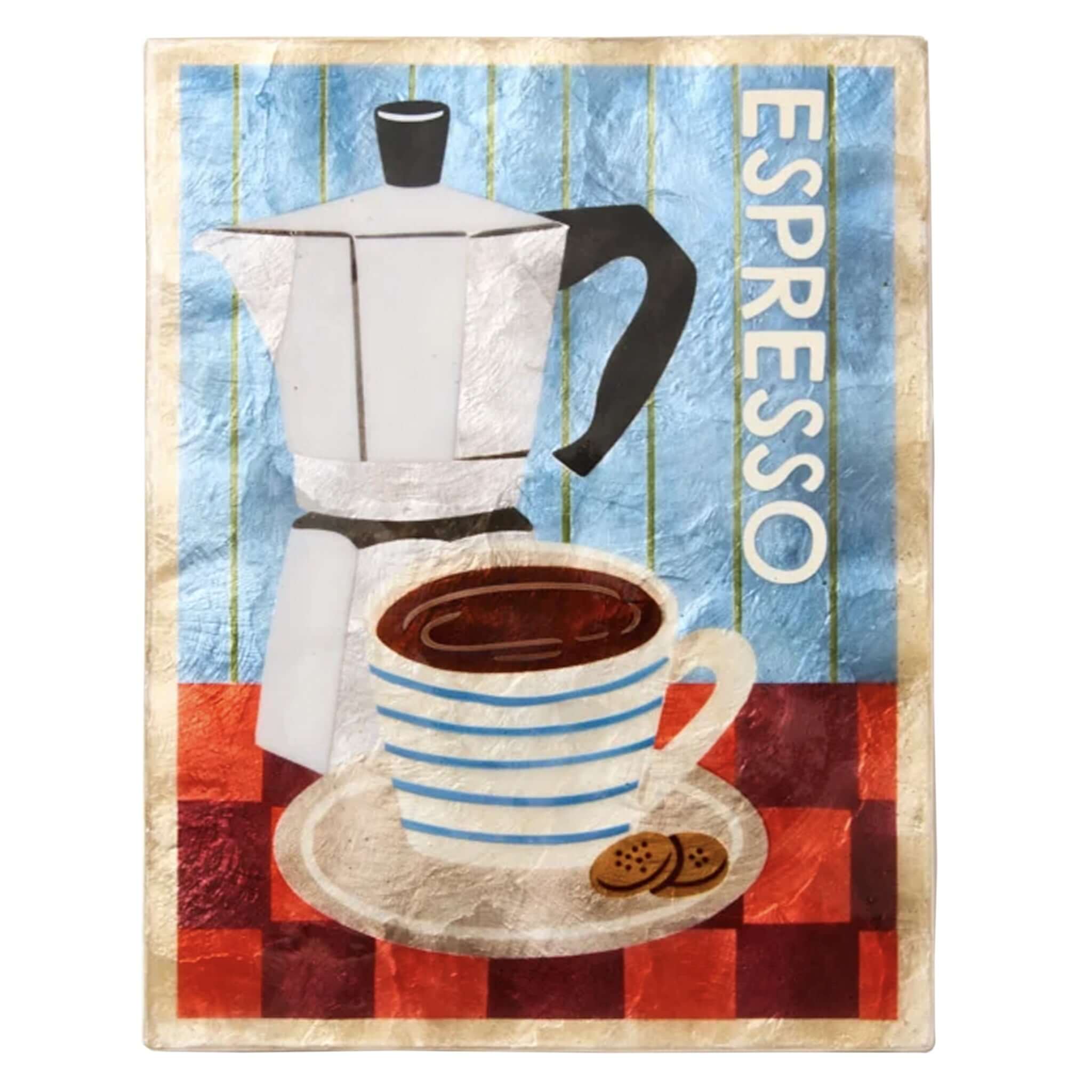Jones & Co Capiz Shell Barista Series Wall Art - Espresso featuring Moka pot and coffee cup with biscuits.