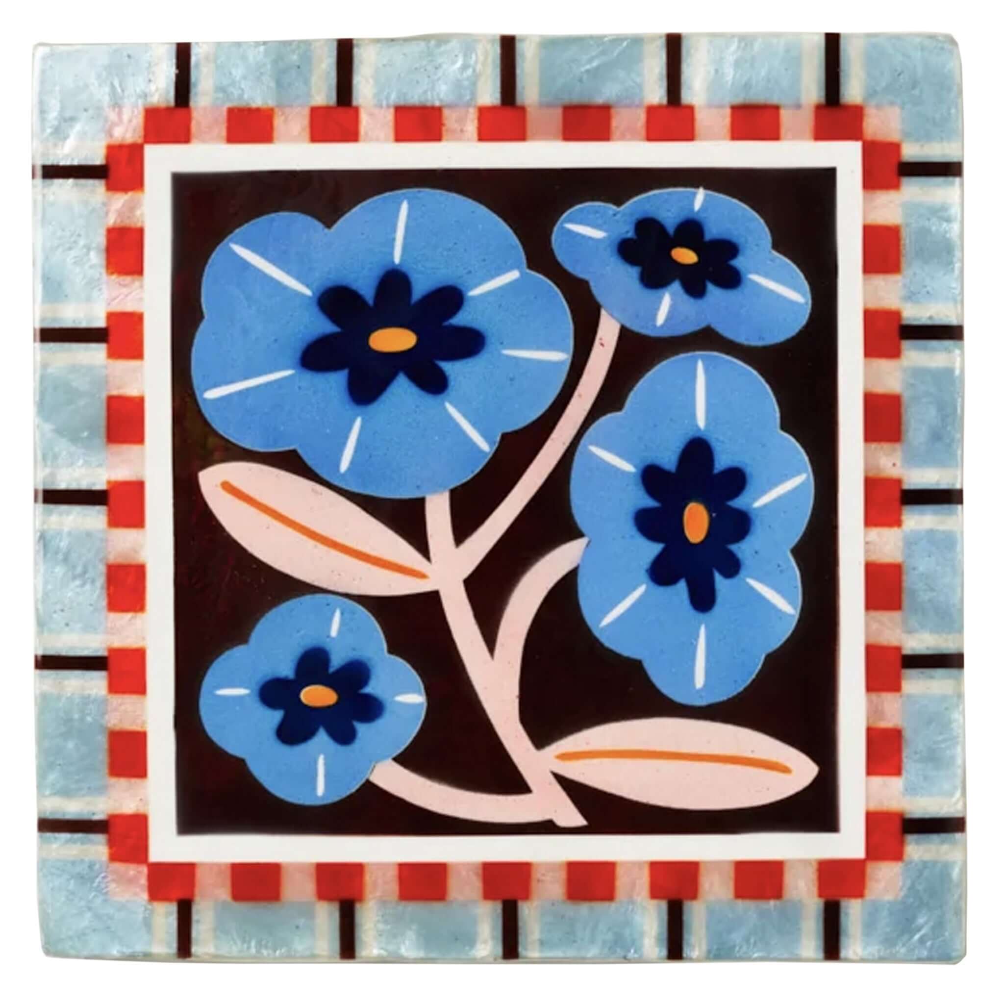 Jones & Co Capiz Shell Bloom Nouveau Series Wall Art - Blue Square, featuring vibrant blue flowers on a decorative tile design.