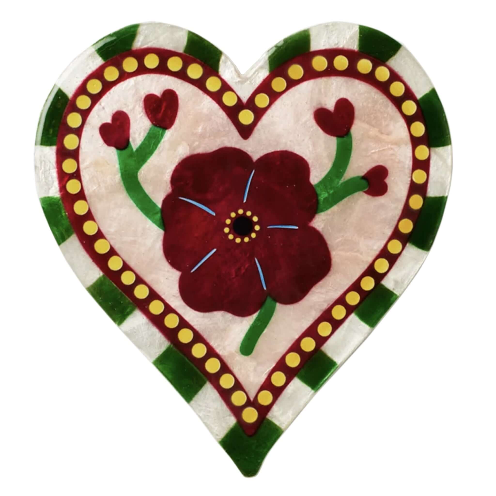 Jones & Co Capiz Shell Bloom Nouveau Series Wall Art - Wine Heart features deep crimson flower and heart-shaped buds on blush background.