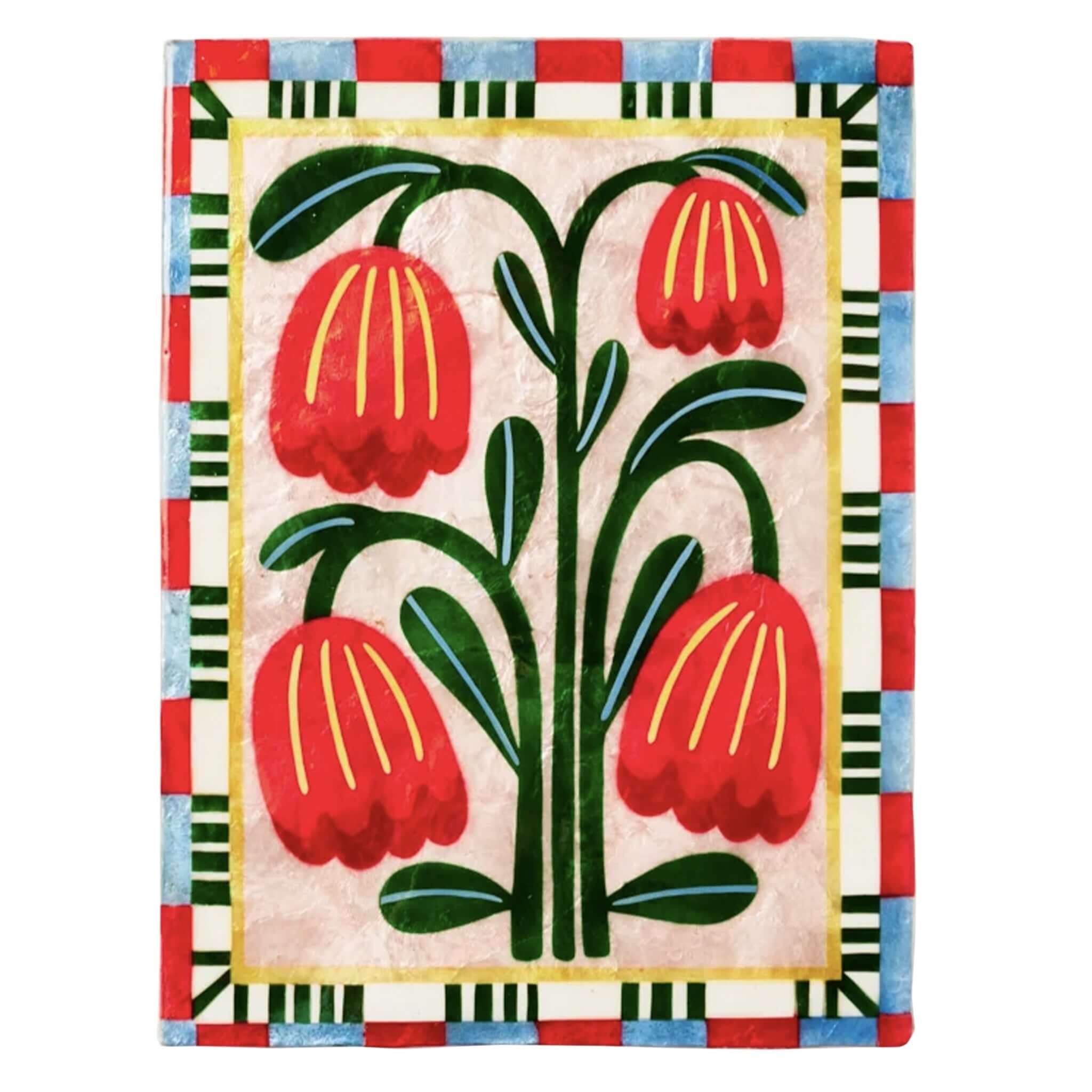 Jones & Co Capiz Shell Bloom Nouveau Series Wall Art - Red Rectangle featuring bold red bell flowers on a blush background.