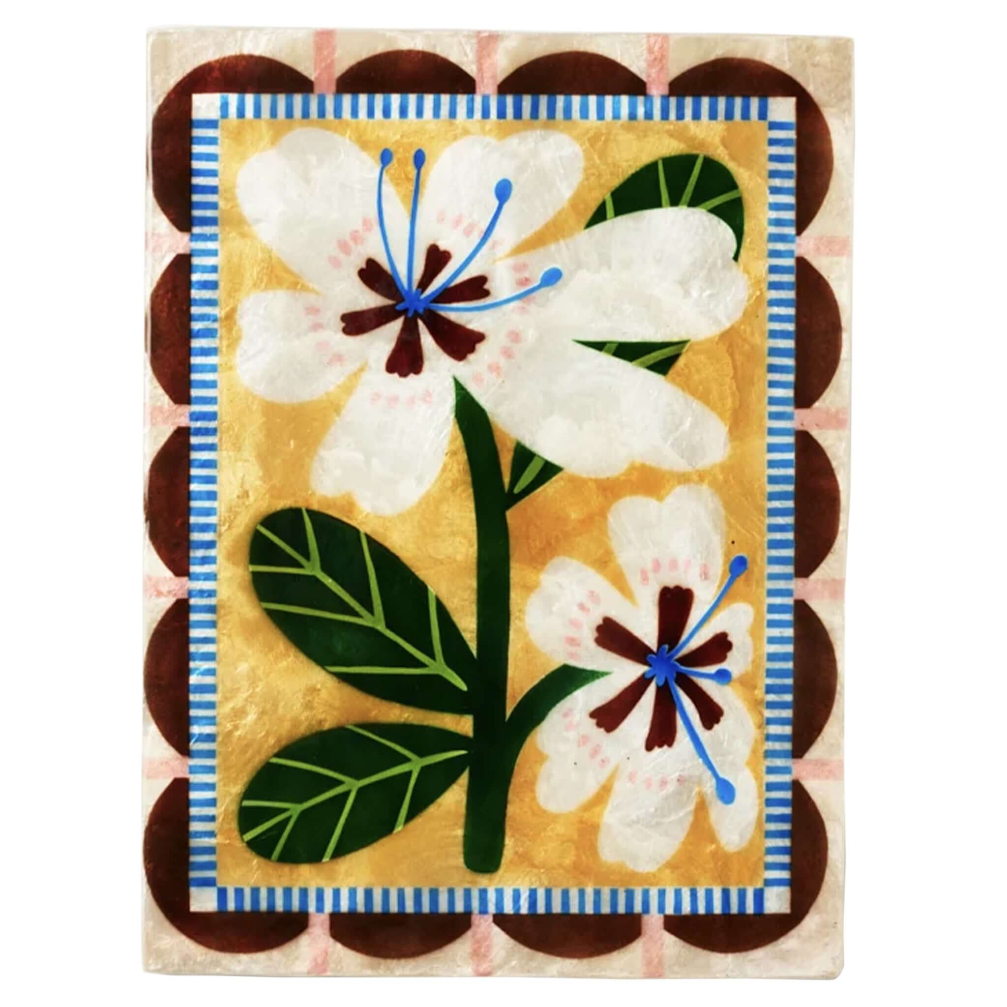 Jones & Co Capiz Shell Bloom Nouveau Series Wall Art - White Rectangle featuring bold flowers on a golden background.