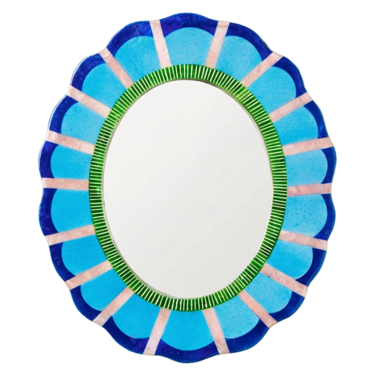 Jones & Co Capiz Shell Bloom Nouveau Mirror - Blue, scalloped hand-painted capiz mirror in turquoise and cobalt blue