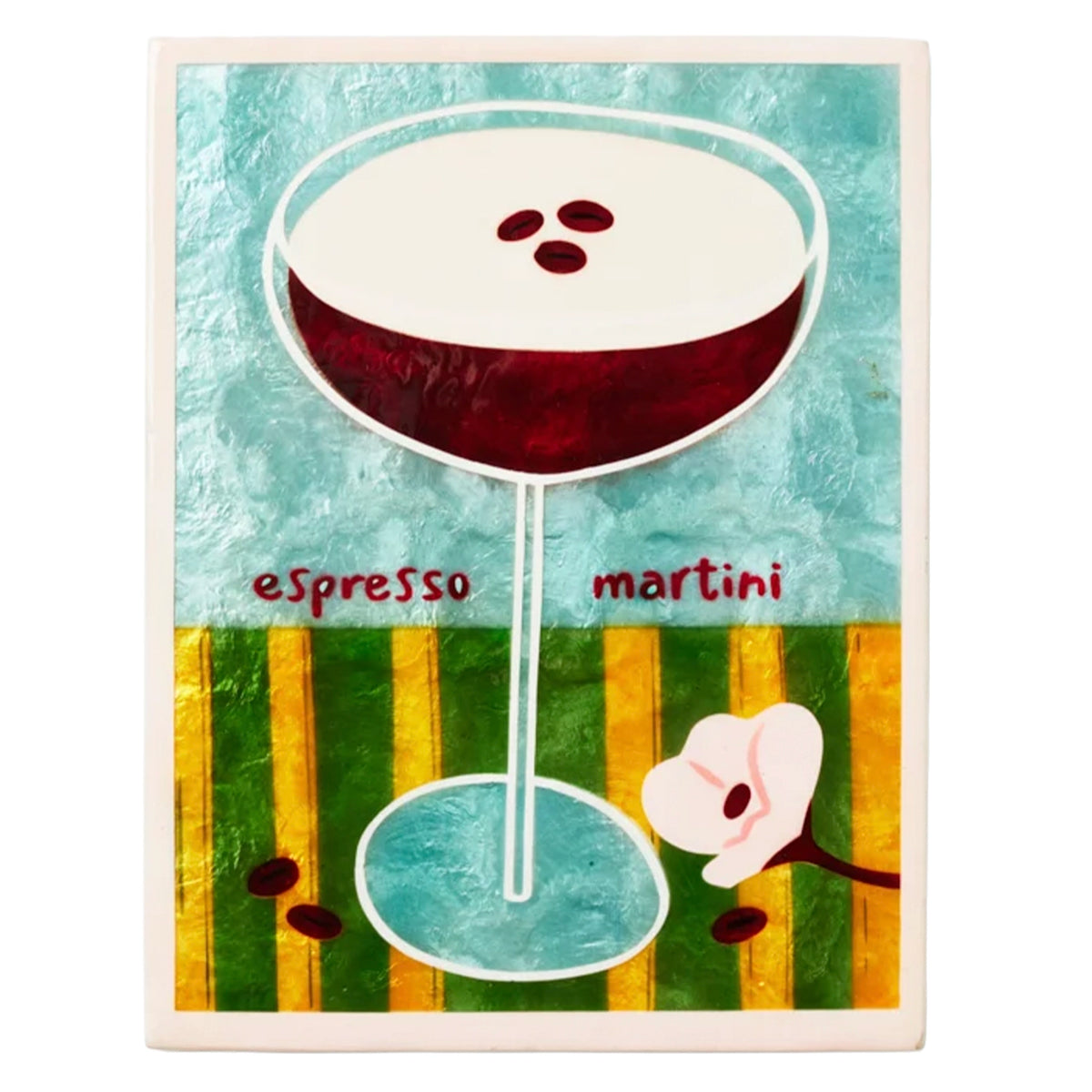 Jones & Co Capiz Shell Happy Hour Wall Art - Espresso Martini, hand-painted capiz shell cocktail illustration in a coupe glass