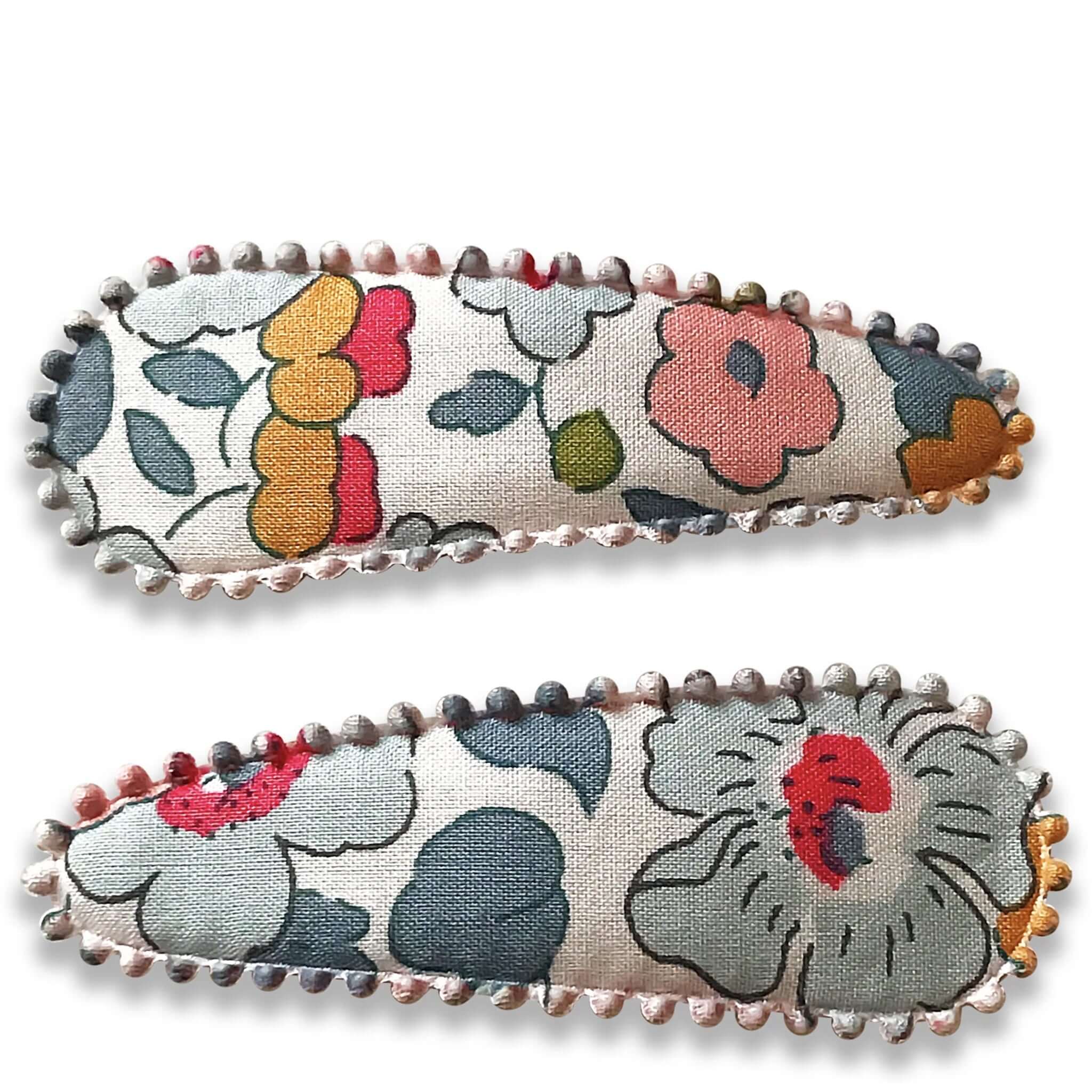Alt Tag: Josie Joan's Hair Clip Set - Izzy fabric-covered scalloped snap clips set of two with Liberty London floral print