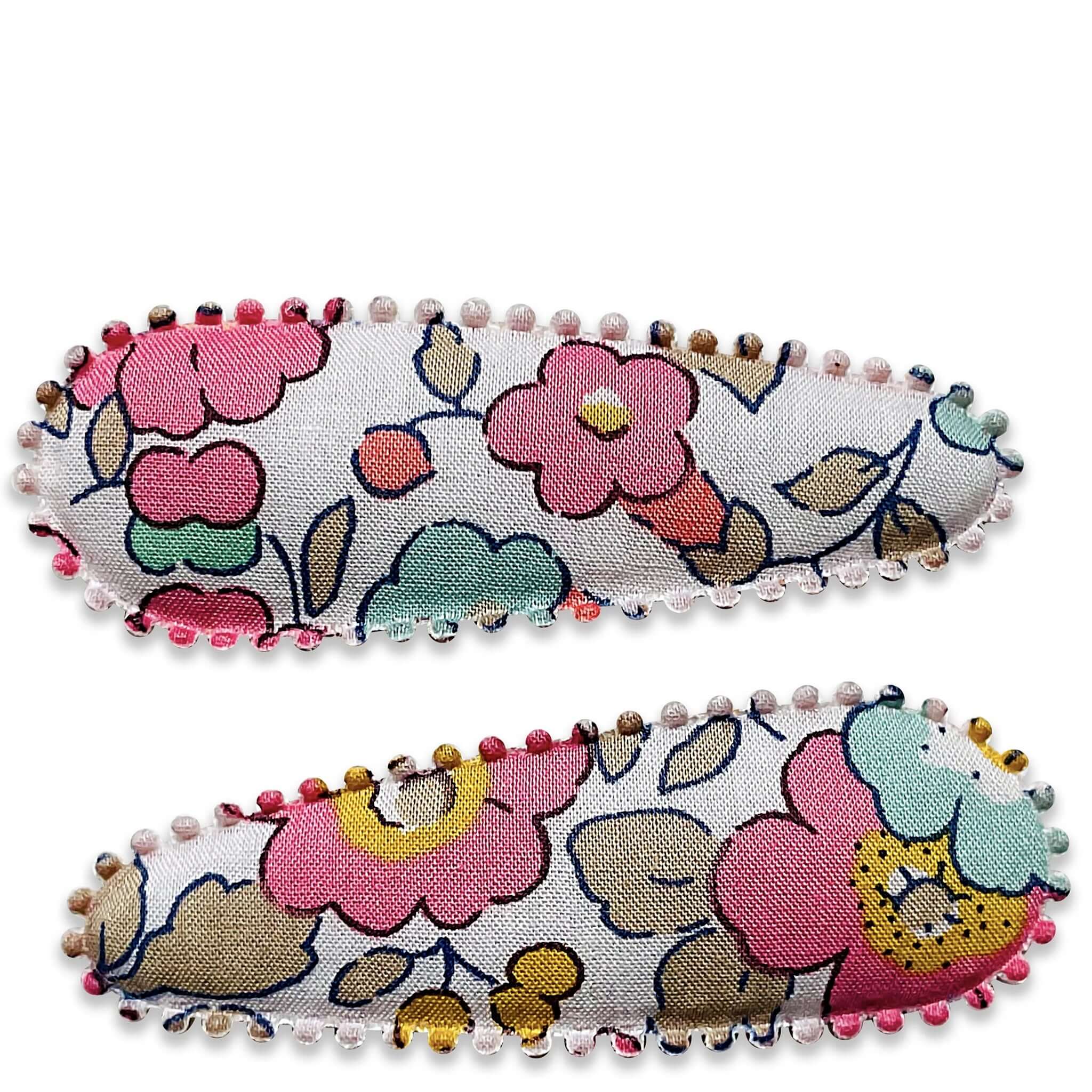 Alt Tag: Josie Joan's Hair Clip Set - Poppy fabric-covered snap clips with scalloped edge, Liberty London floral print, set of two