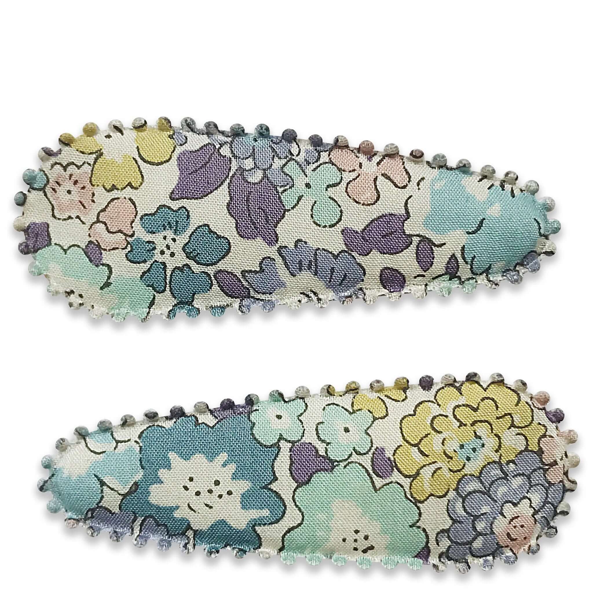 Alt Tag: Josie Joan's Hair Clip Set - Suzanne fabric-covered snap clips with Liberty London floral print and scalloped edge, set of two