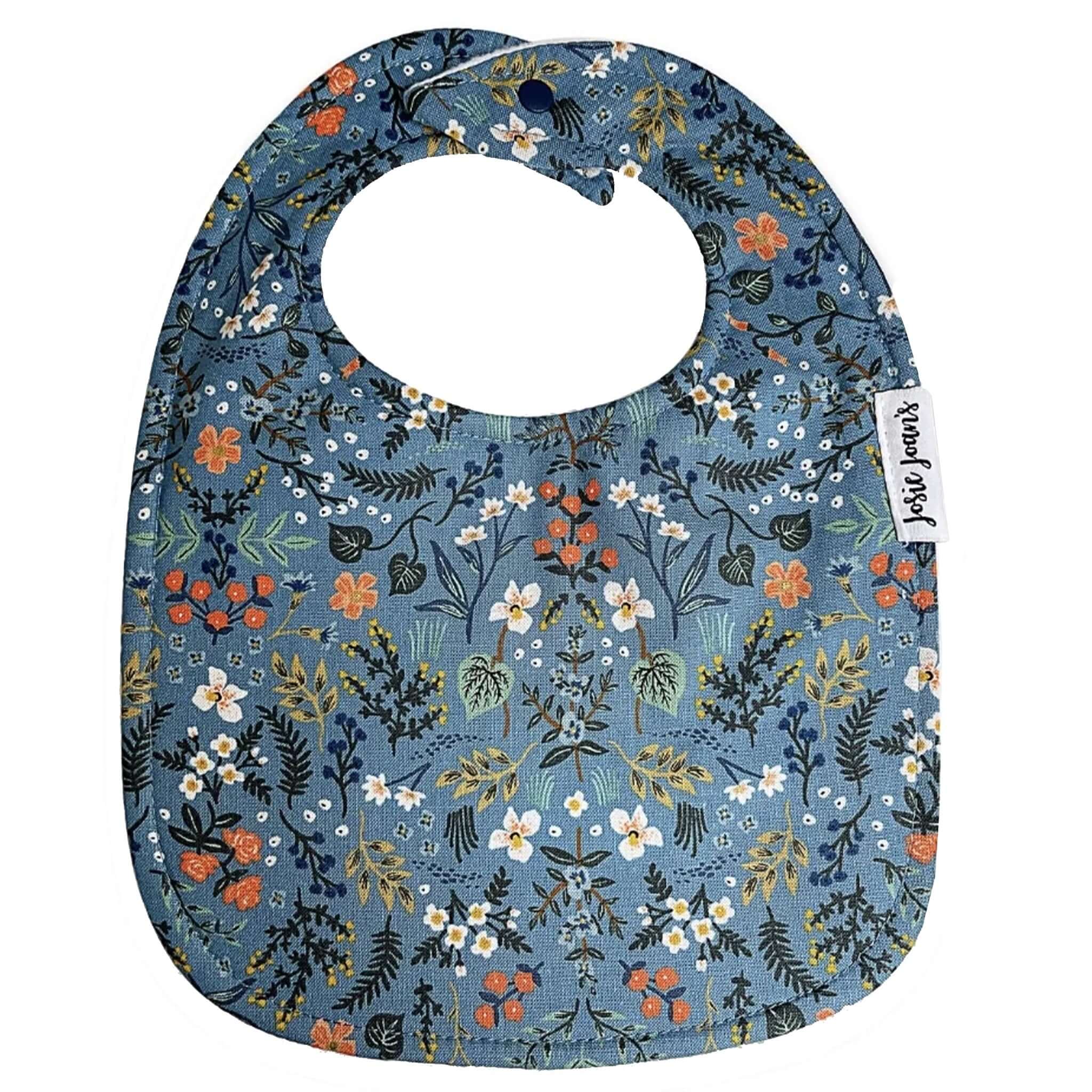 Alt Tag: Josie Joan's Linen Bib - Bethany blue floral Rifle Paper Co linen bib with snap buttons and micro fleece backing