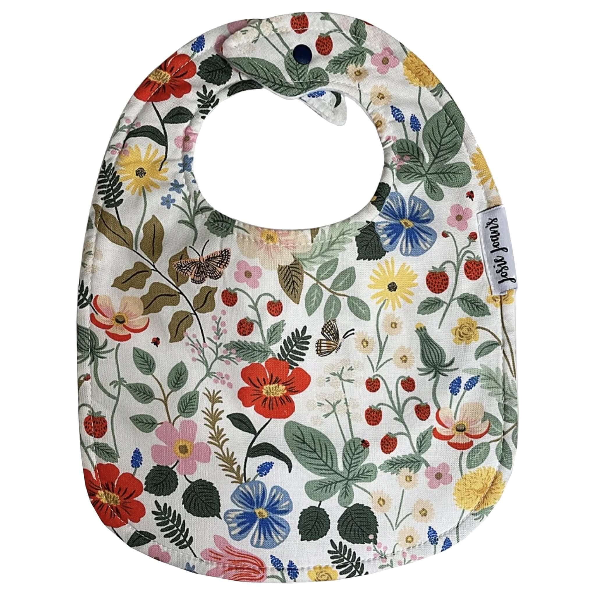Alt Tag: Josie Joan's Linen Bib - Sybil floral linen baby bib with Rifle Paper Co fabric, micro fleece backing, snap buttons