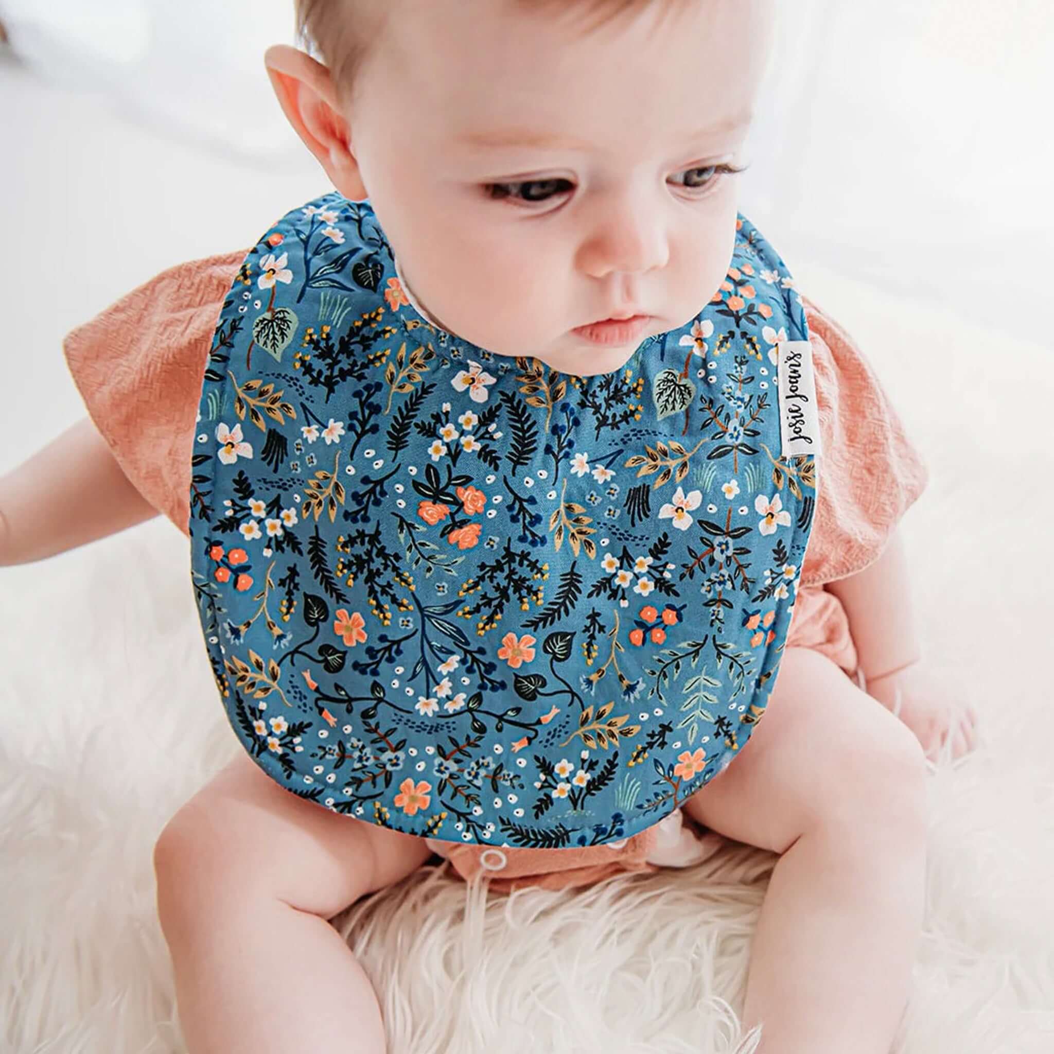 Alt Tag: Josie Joan's Linen Bib - Bethany floral linen baby bib with micro fleece backing and snap buttons, absorbent and comfortable