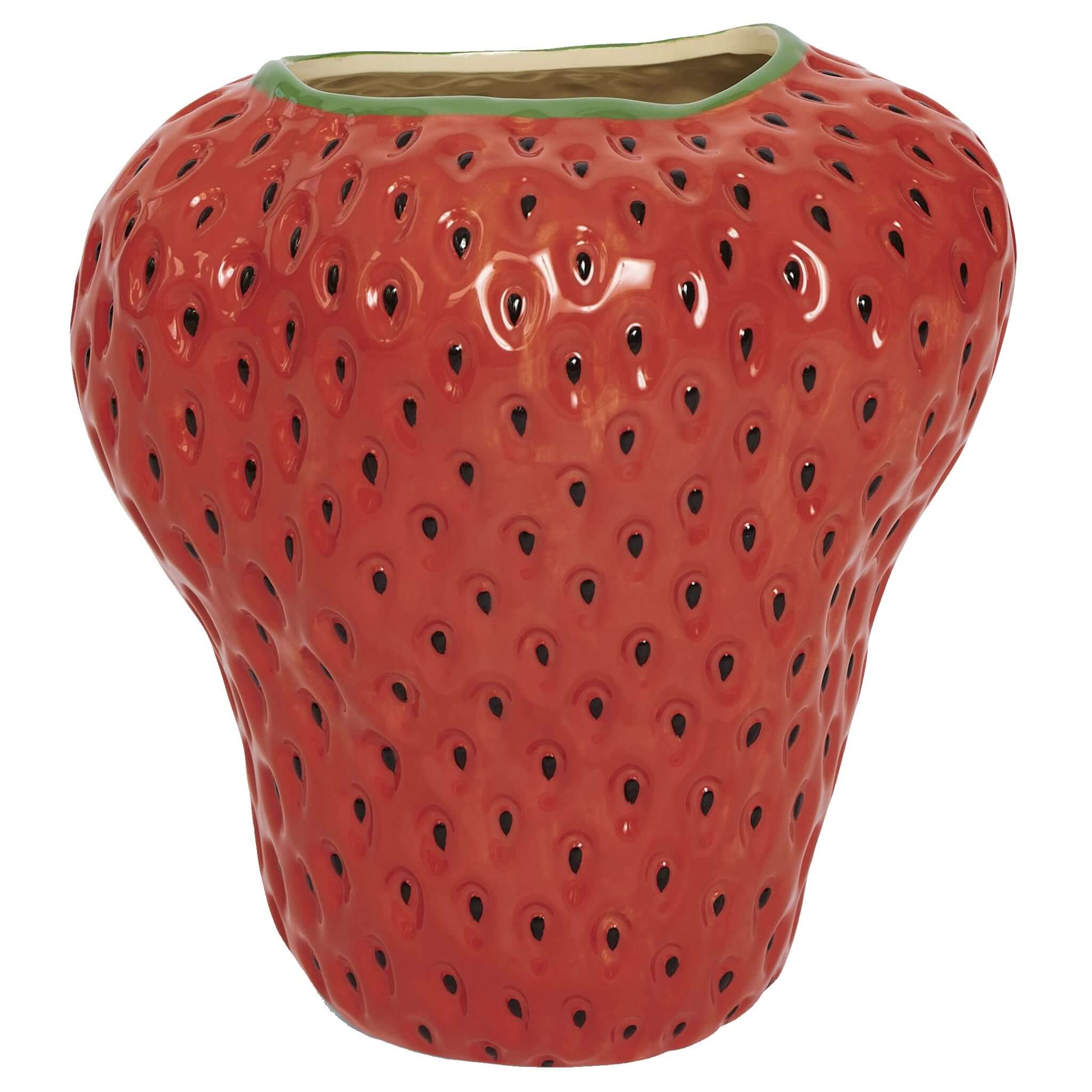 Alt Tag: Kip & Co Ceramic Vase - Strawberry red strawberry-shaped ceramic vase with green rim, statement decor for flowers