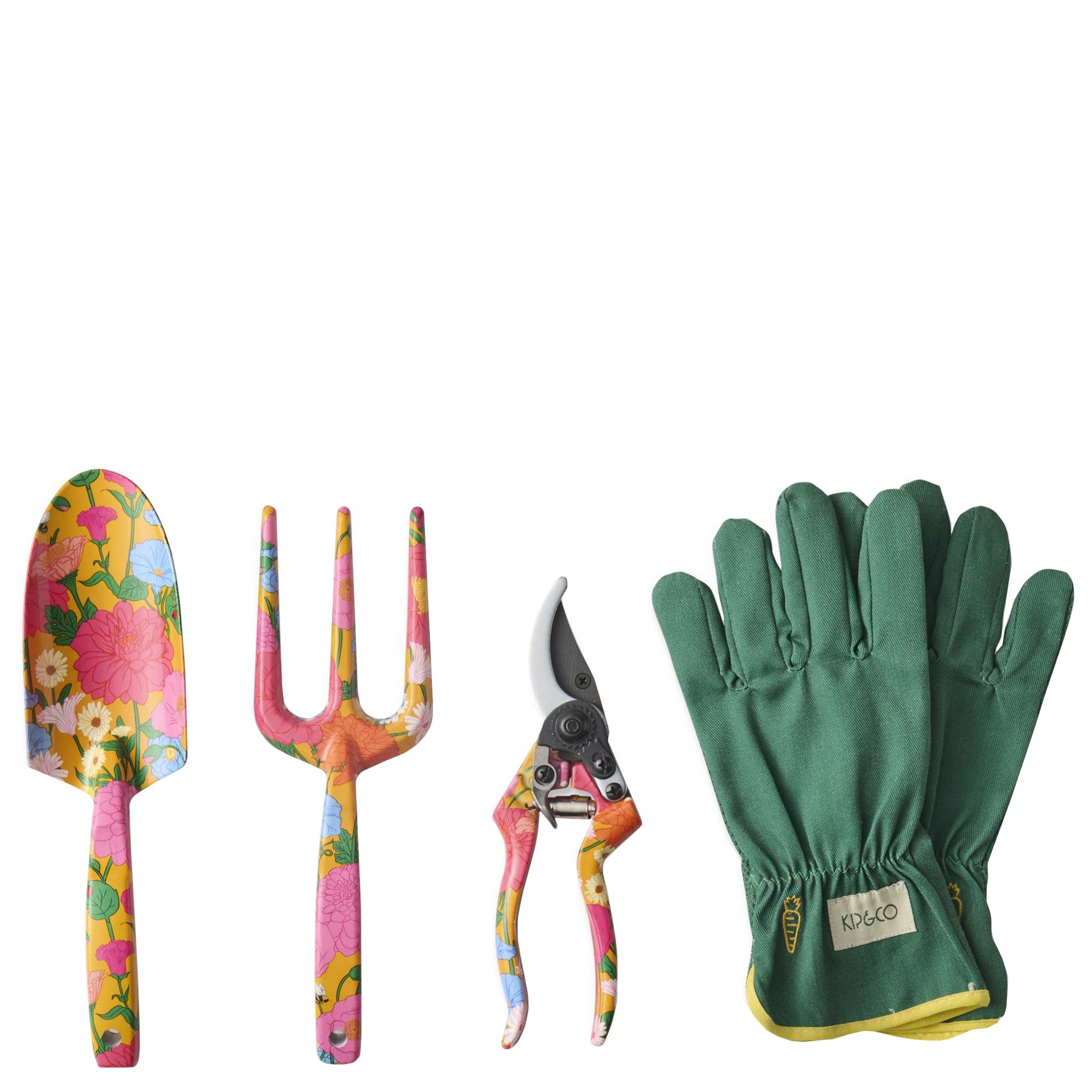 Gardening tools with floral design and green gloves on a white background