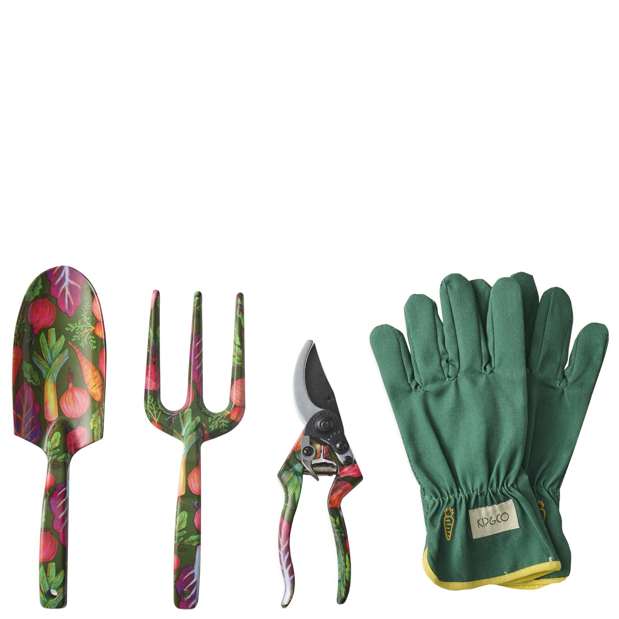 Gardening tools with floral design and green gloves on a white background