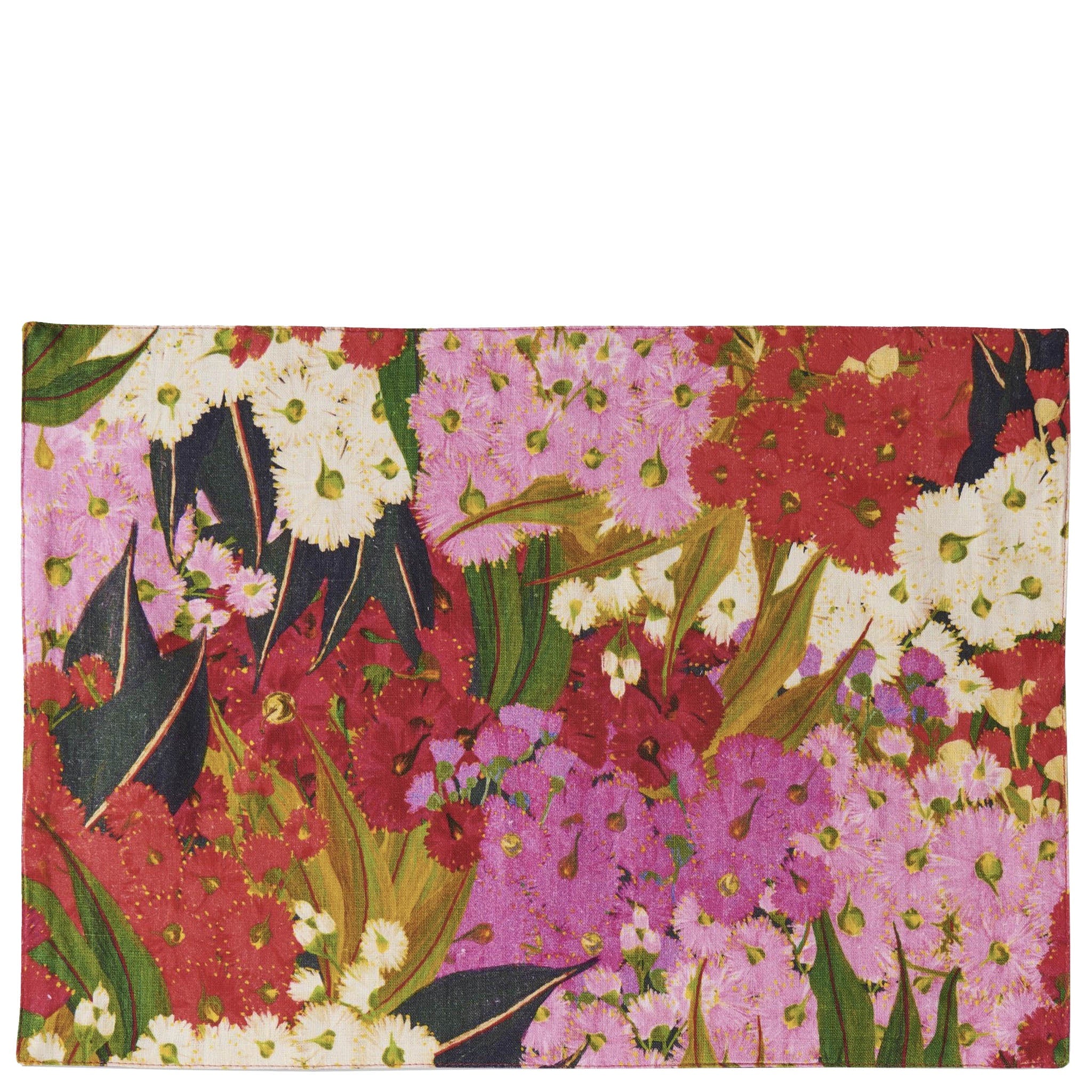 A linen placemat set featuring a vibrant floral print with a variety of colors including pink, red, and white, with a solid wine red reverse.