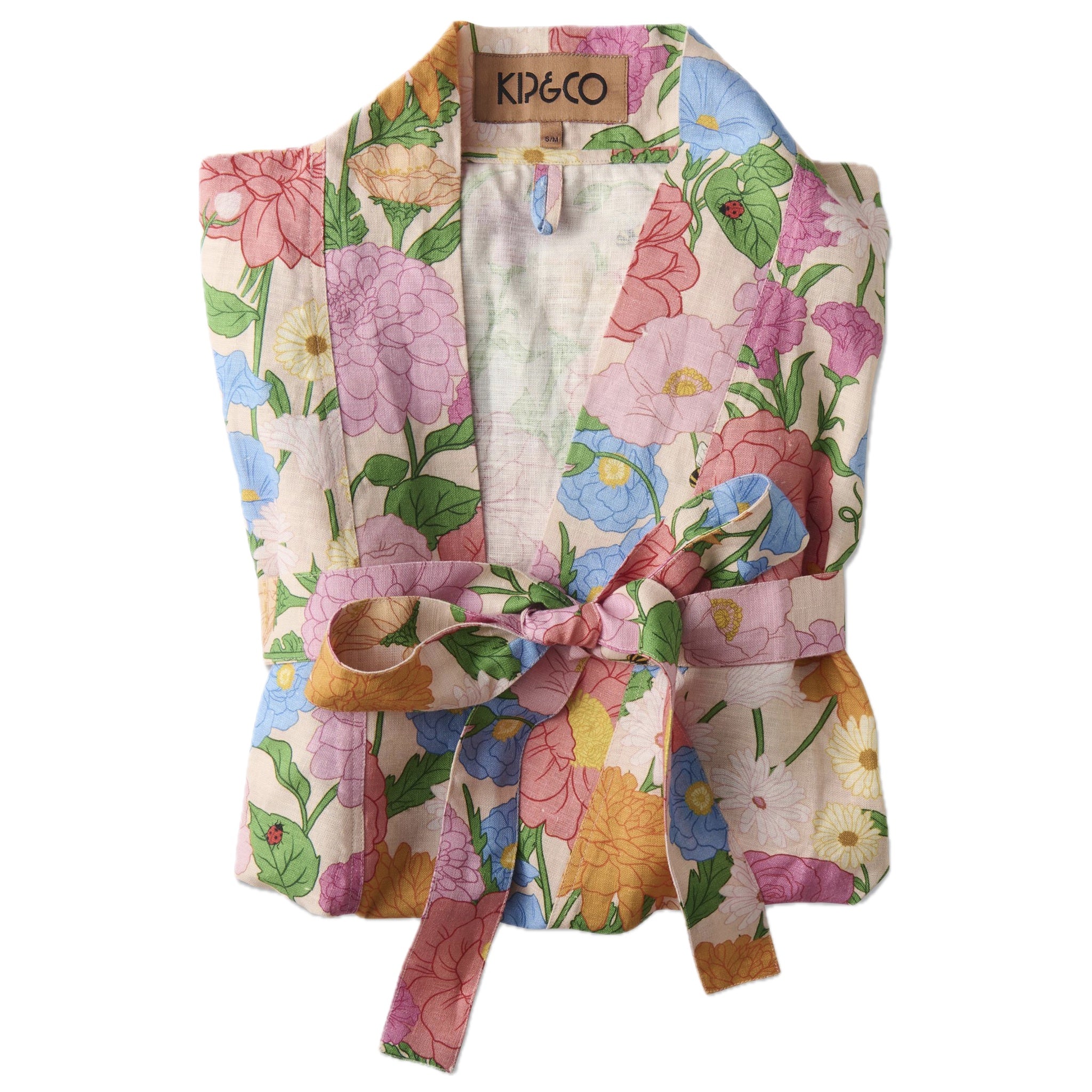 Floral patterned robe with a brand label on a white background