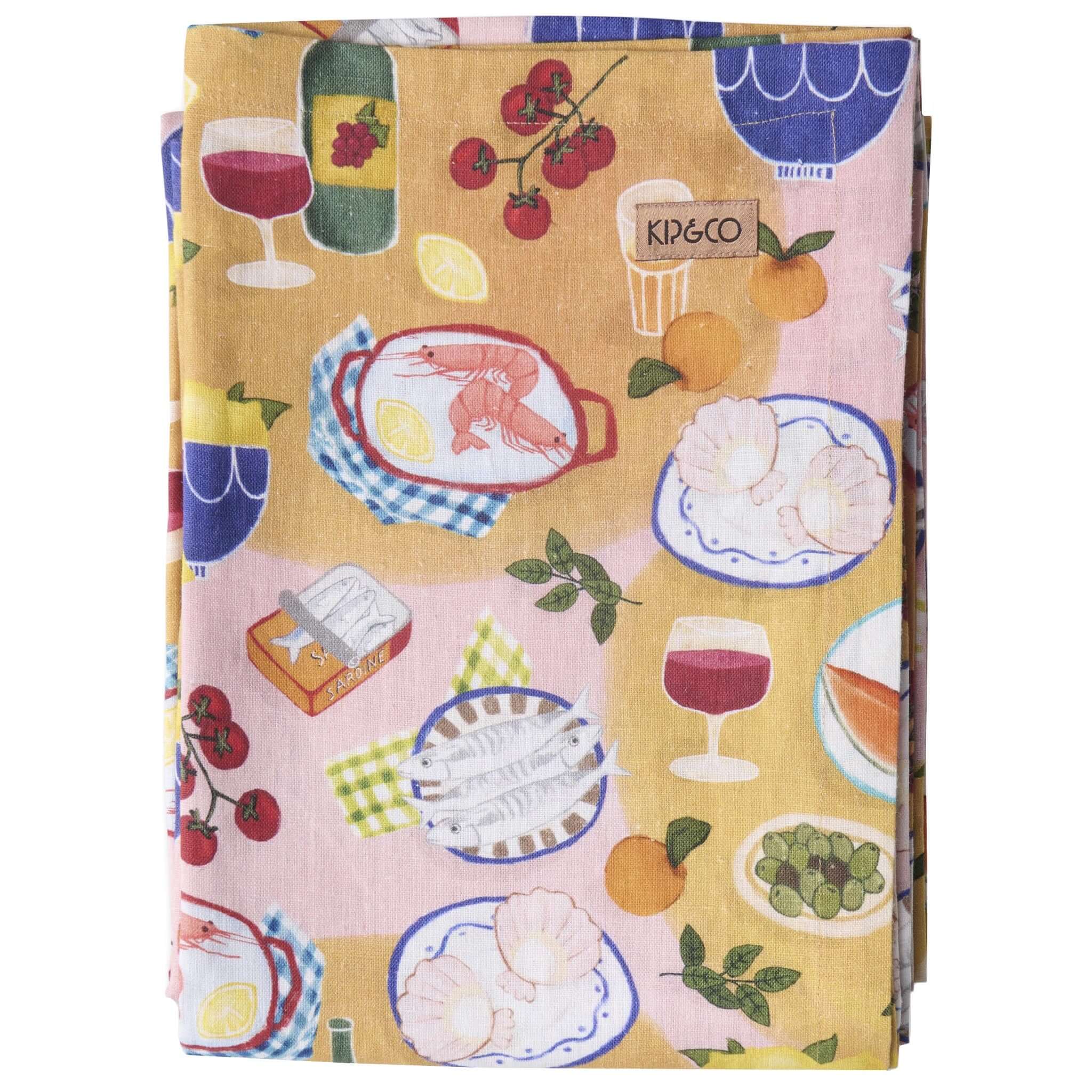 Kip & Co Linen Tablecloth - Supper folded linen tablecloth with seafood, citrus, olives and wine print