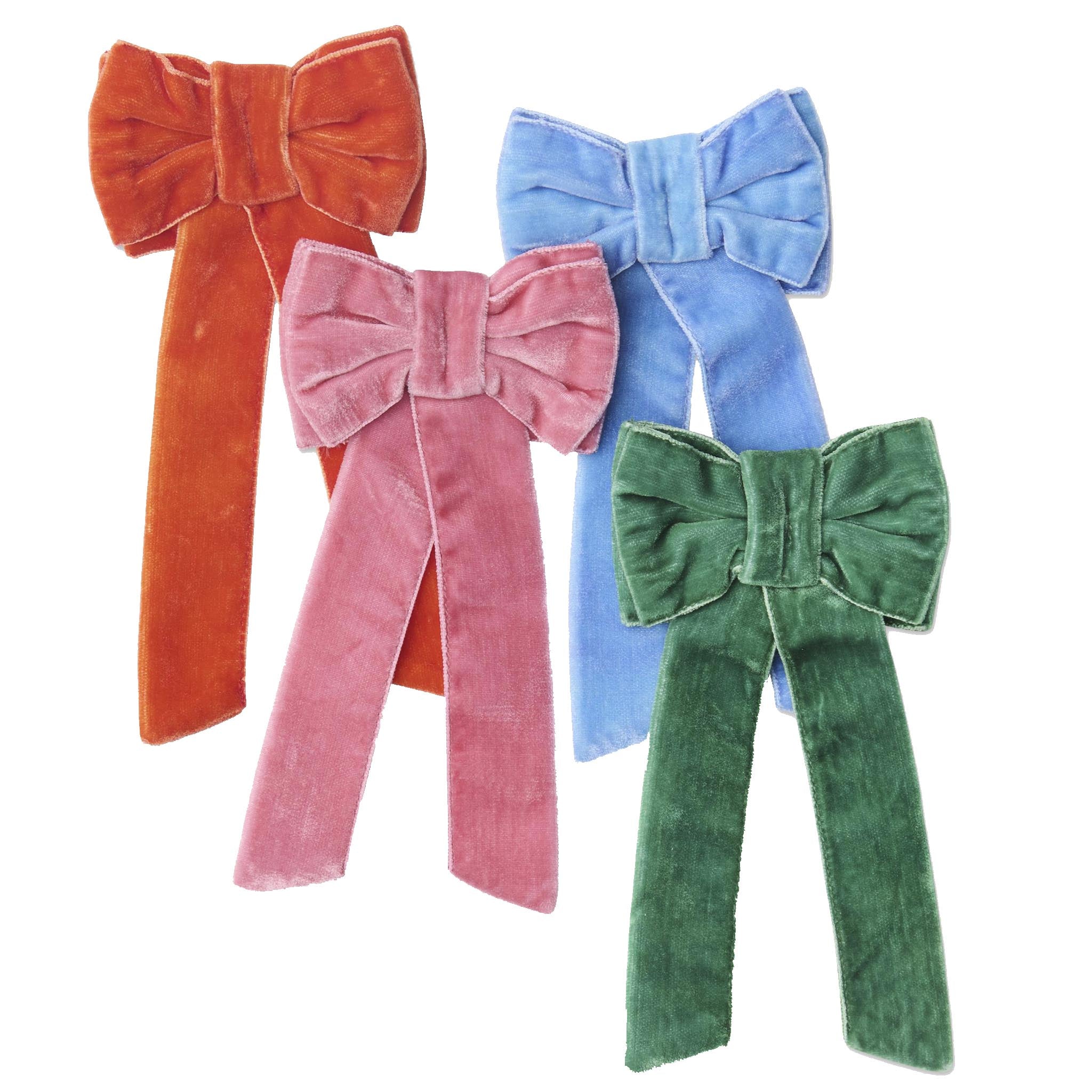 Four colorful velvet bows in orange, pink, blue, and green on a white background.