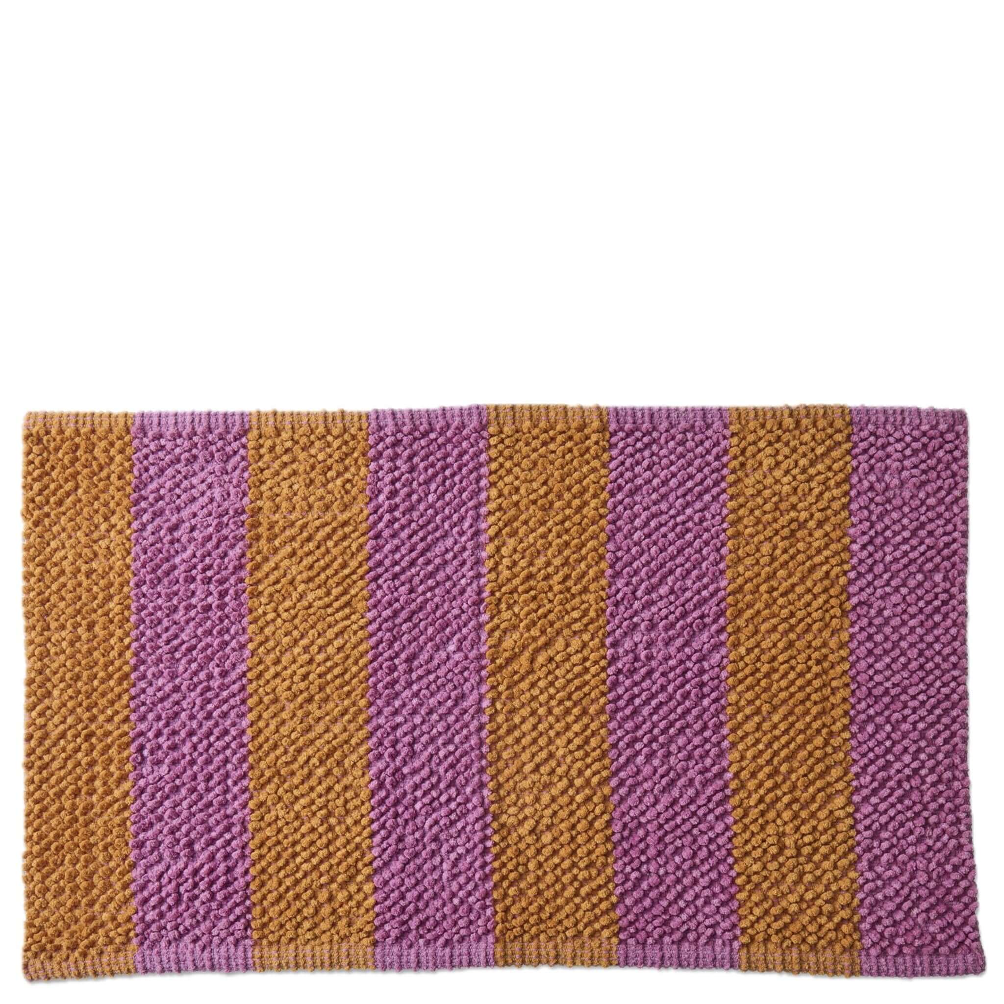Striped bath mat with purple and brown horizontal stripes on a white background