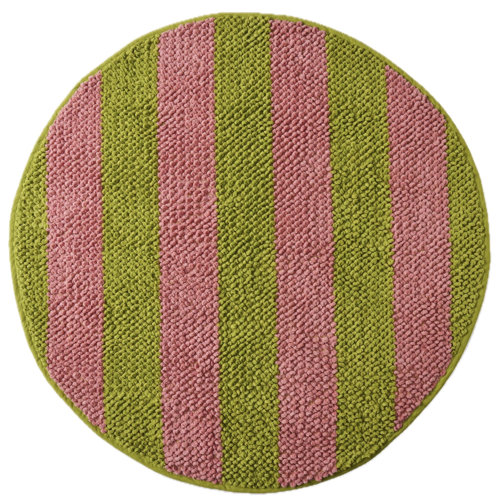 Round bath mat with pink and green striped pattern on a white background