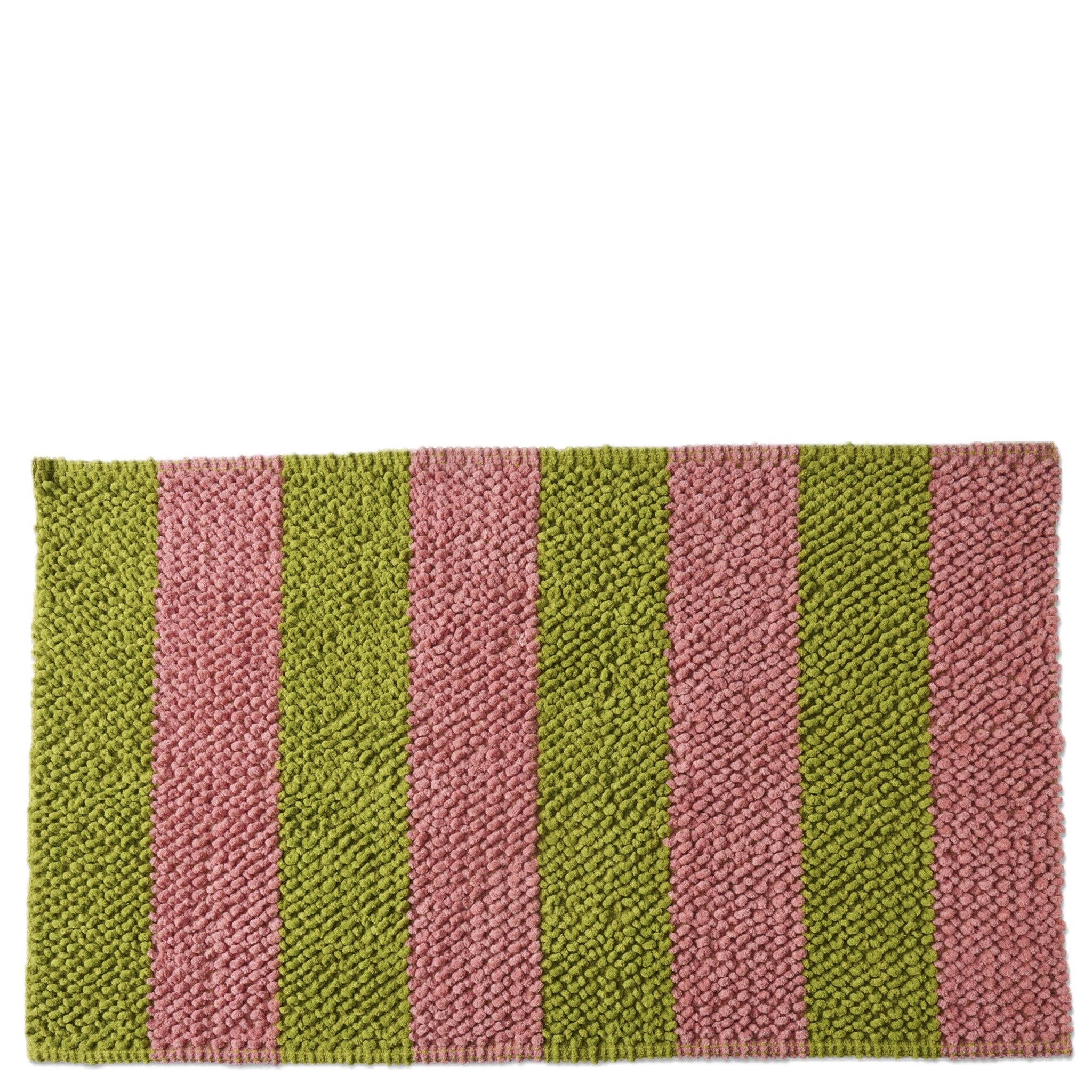 Striped bath mat in pink and green on a white background