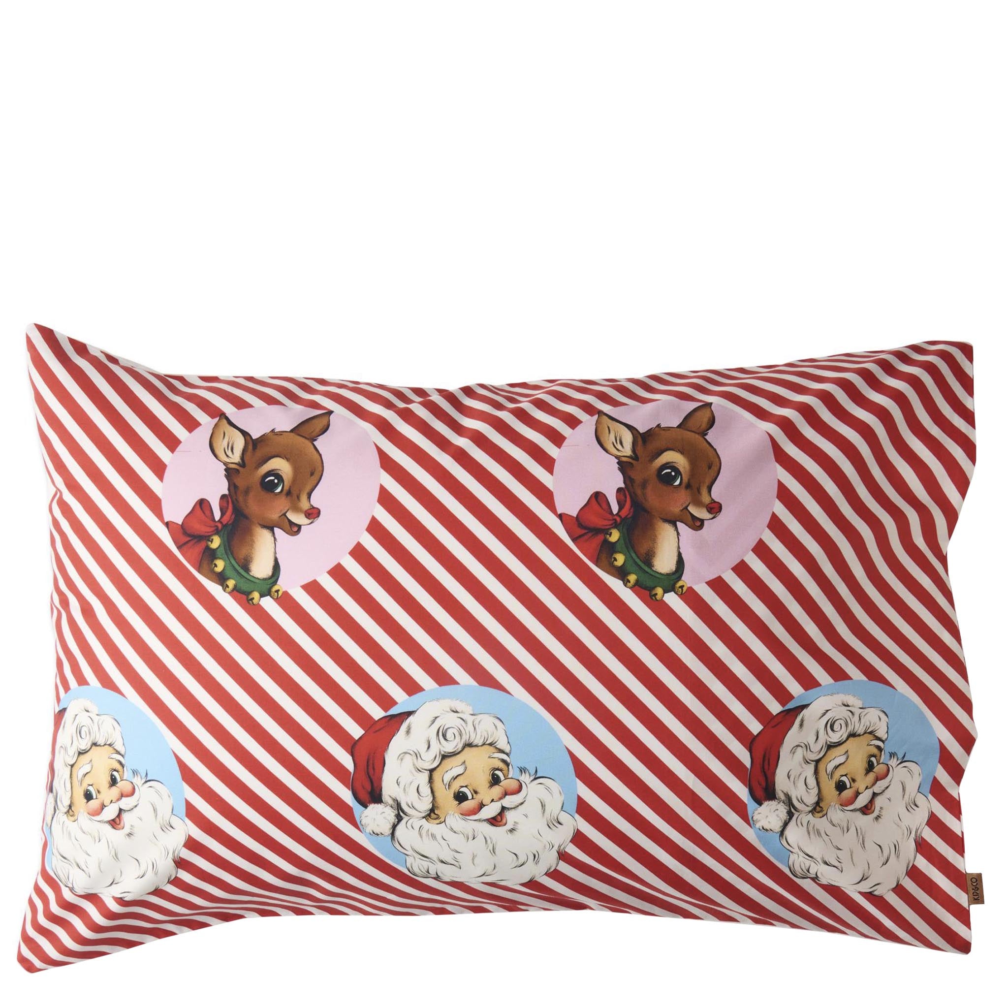 Decorative pillow with red and white striped pattern and Christmas-themed illustrations on a white background.