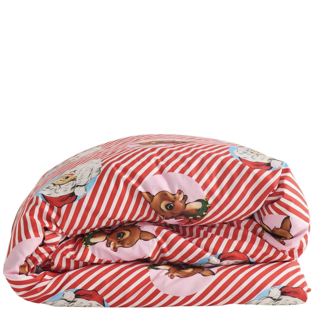 Red and white striped quilt with cartoon character design on a white background