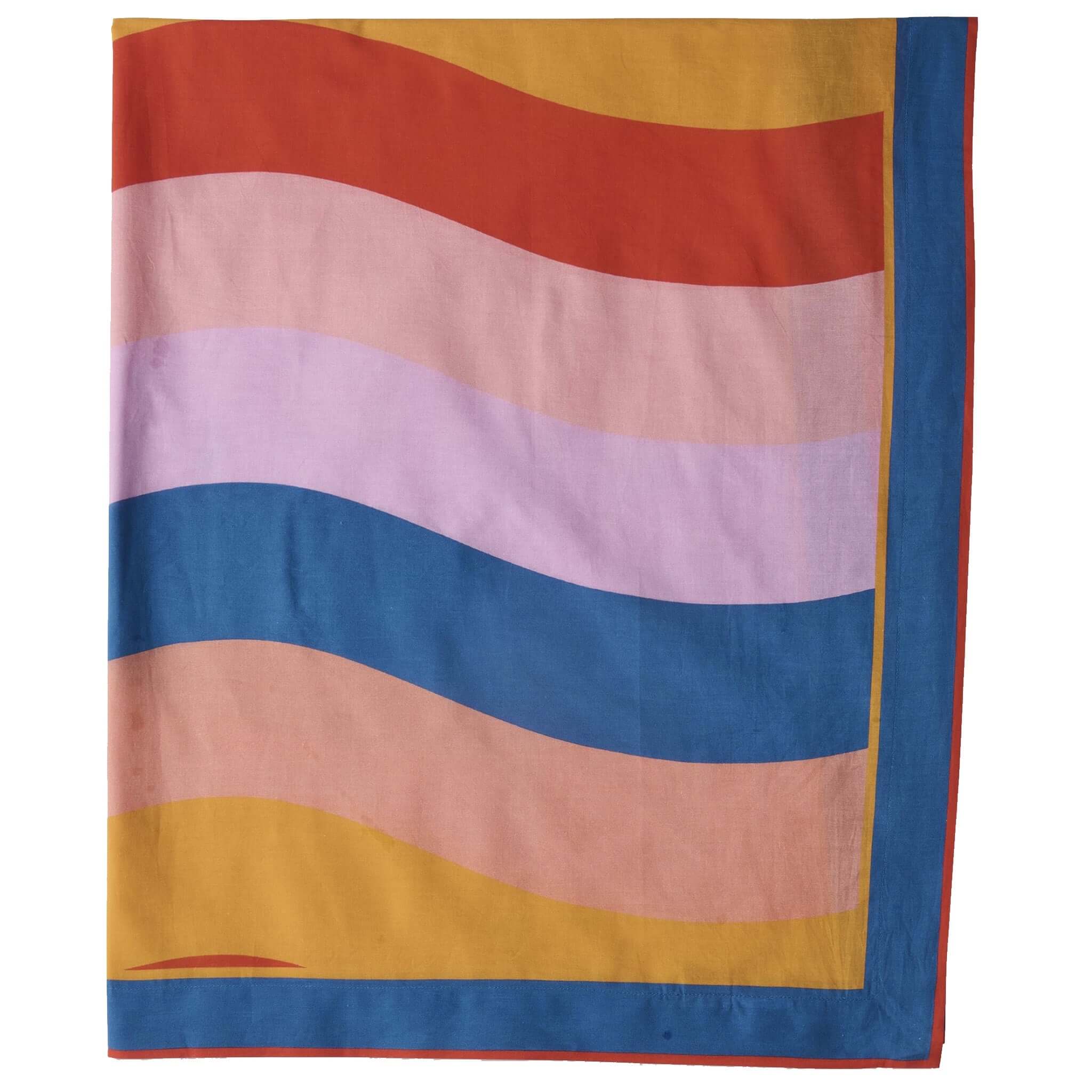 Colorful striped sarong with red, orange, pink, blue, and yellow stripes on a white background