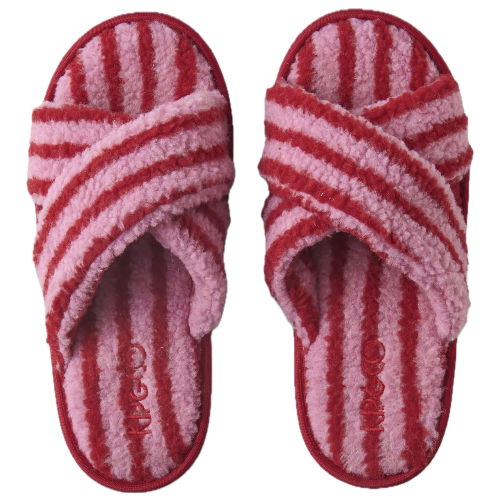Pair of red and pink striped slippers on a white background