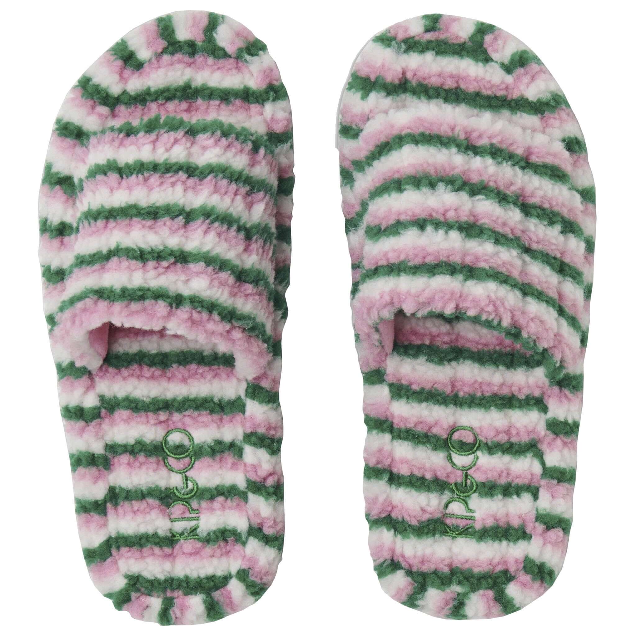 Alt Tag: Kip & Co Quilted Sherpa Adult Slippers - St Barts white, green and pink striped sherpa slide slippers top view