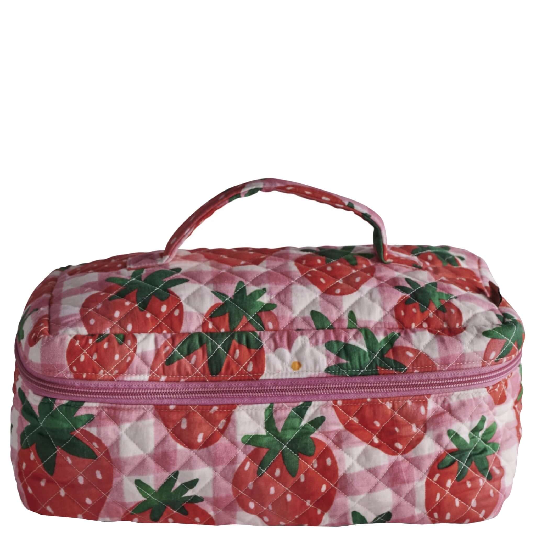 Alt Tag: Kip & Co Quilted Toiletry Case - Strawberry Jam quilted cotton zip toiletry bag with strawberry print and handle