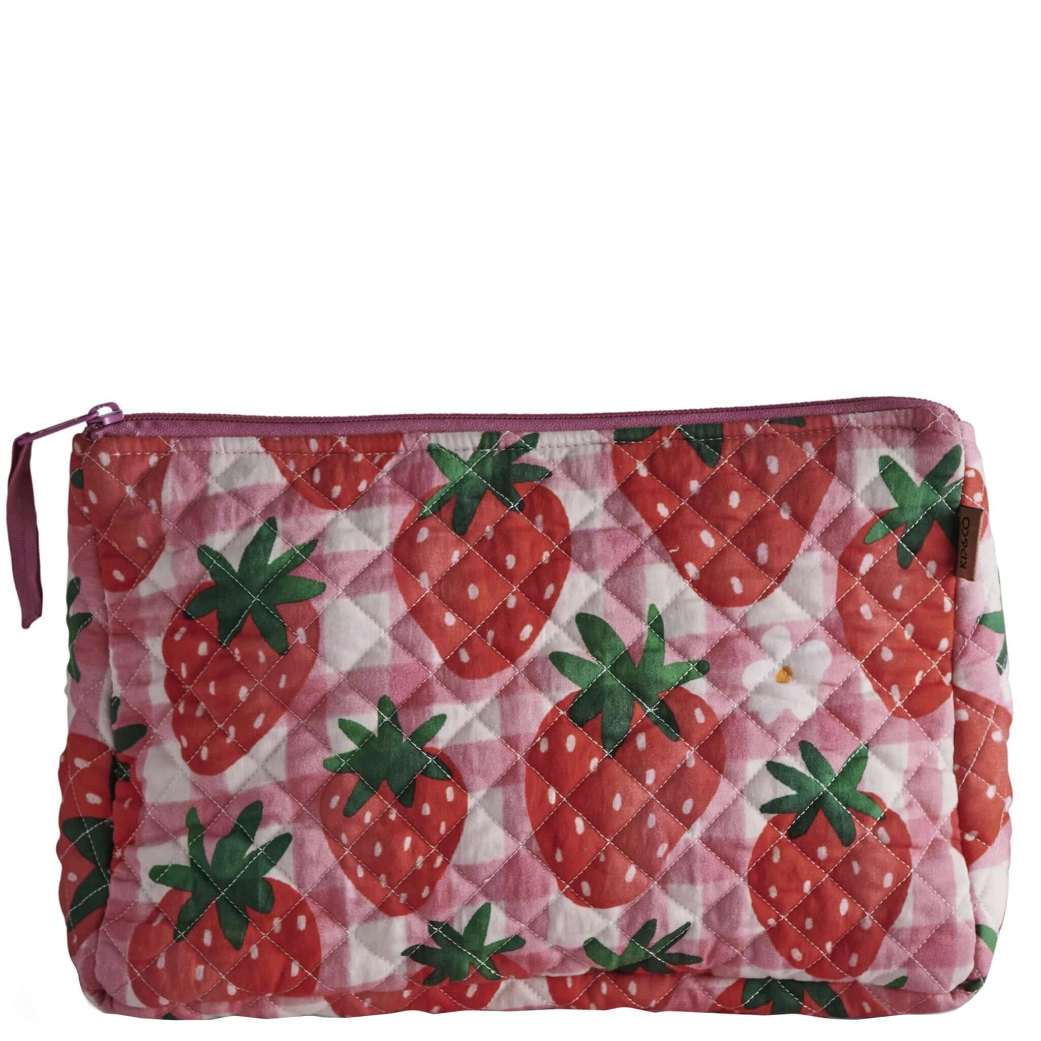 Alt Tag: Kip & Co Quilted Toiletry Purse - Strawberry Jam quilted cotton toiletry pouch with strawberry print, zip closure and gusset